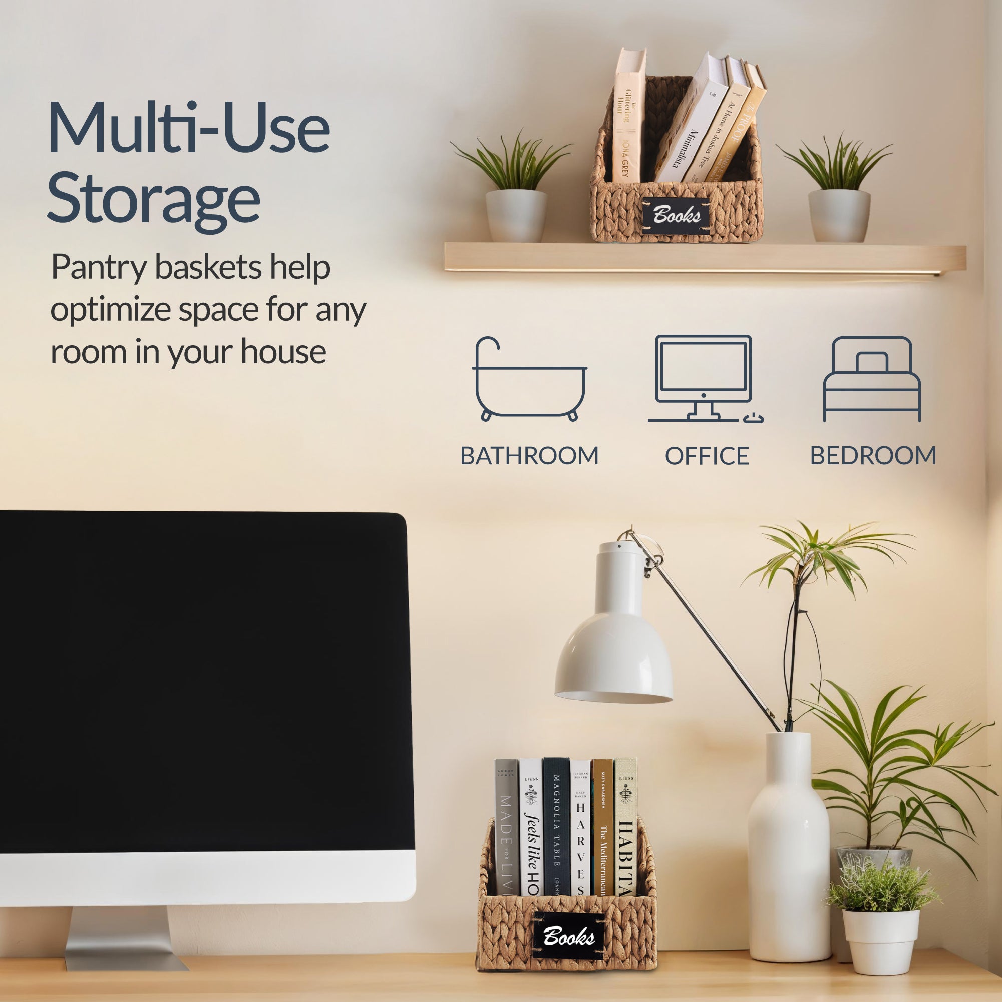 Hyacinth Angled Pantry Storage Baskets W/ Handles & Chalkboard (Pack of 2)