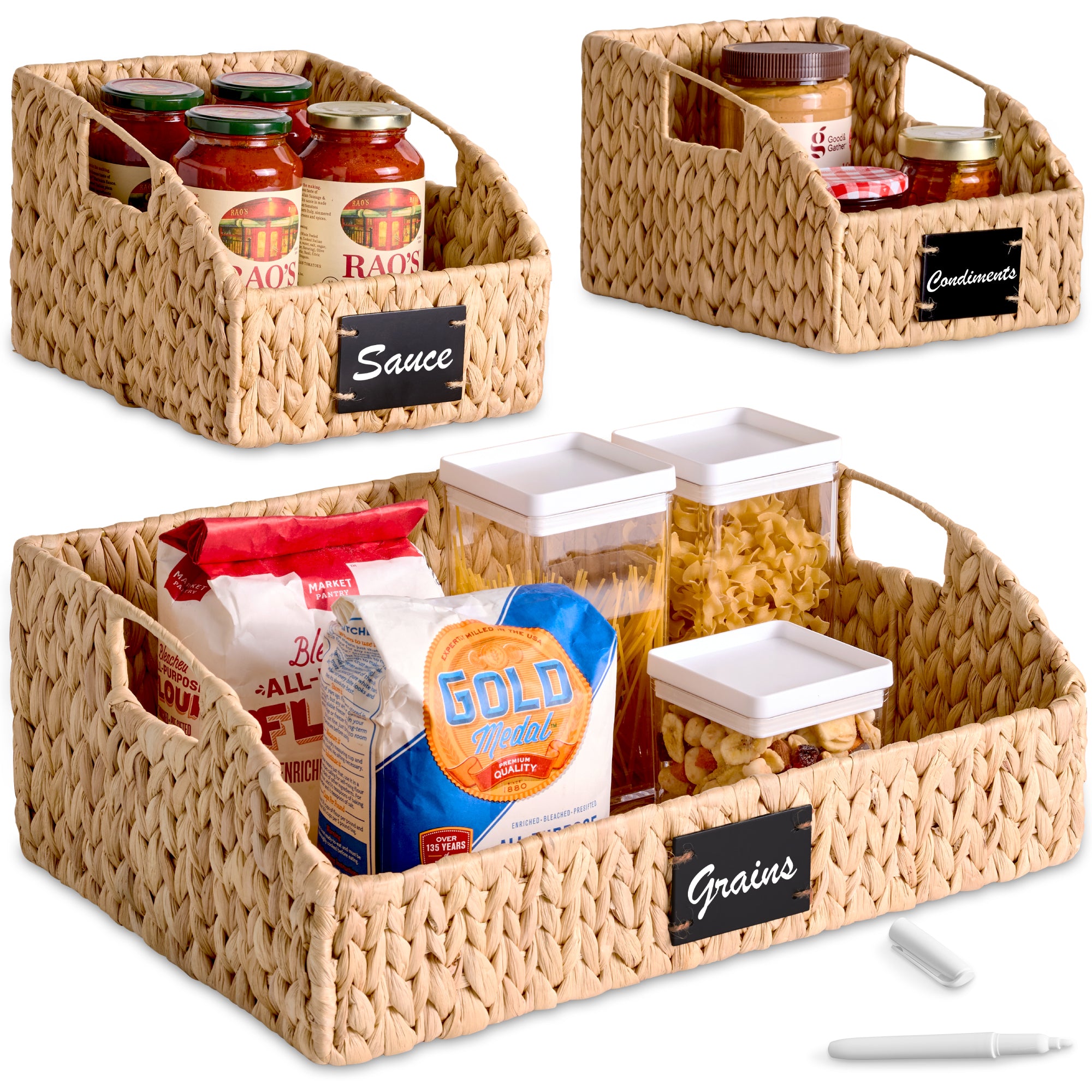 Hyacinth Angled Pantry Storage Baskets W/ Handles & Chalkboard (Set of 3)