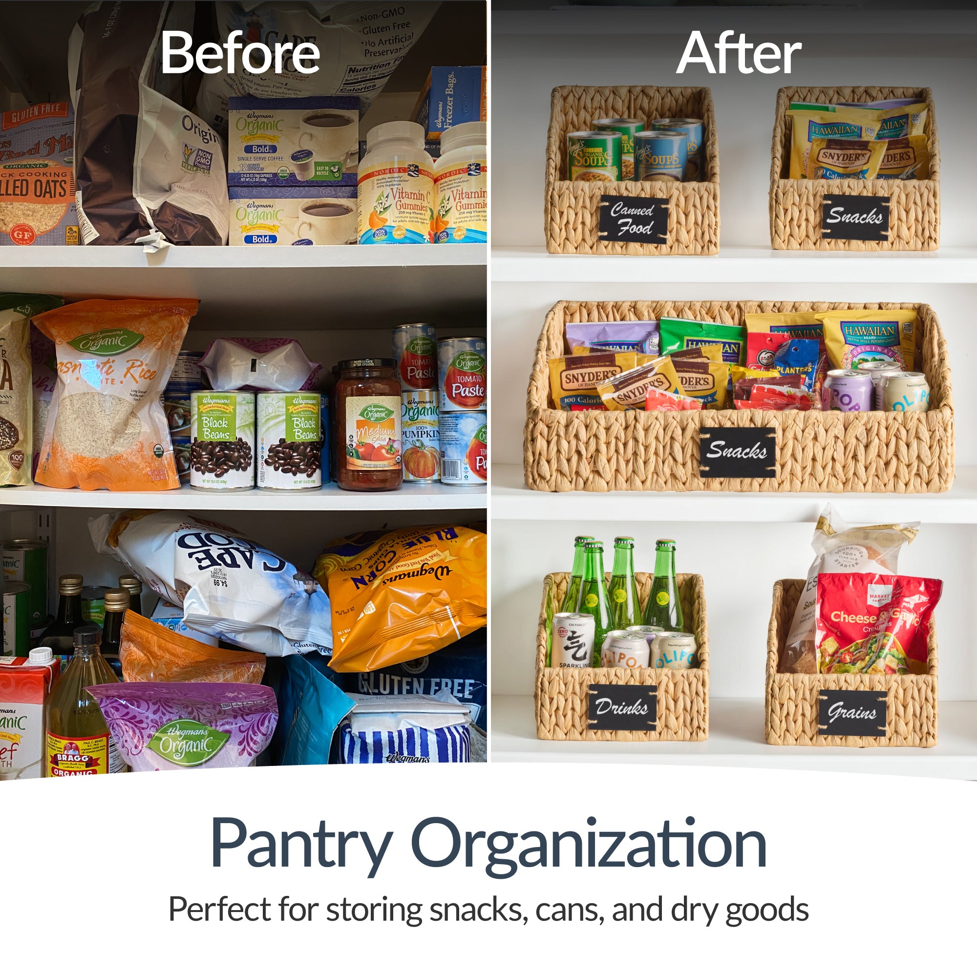 Hyacinth Angled Pantry Storage Baskets W/ Handles & Chalkboard (Set of 3)