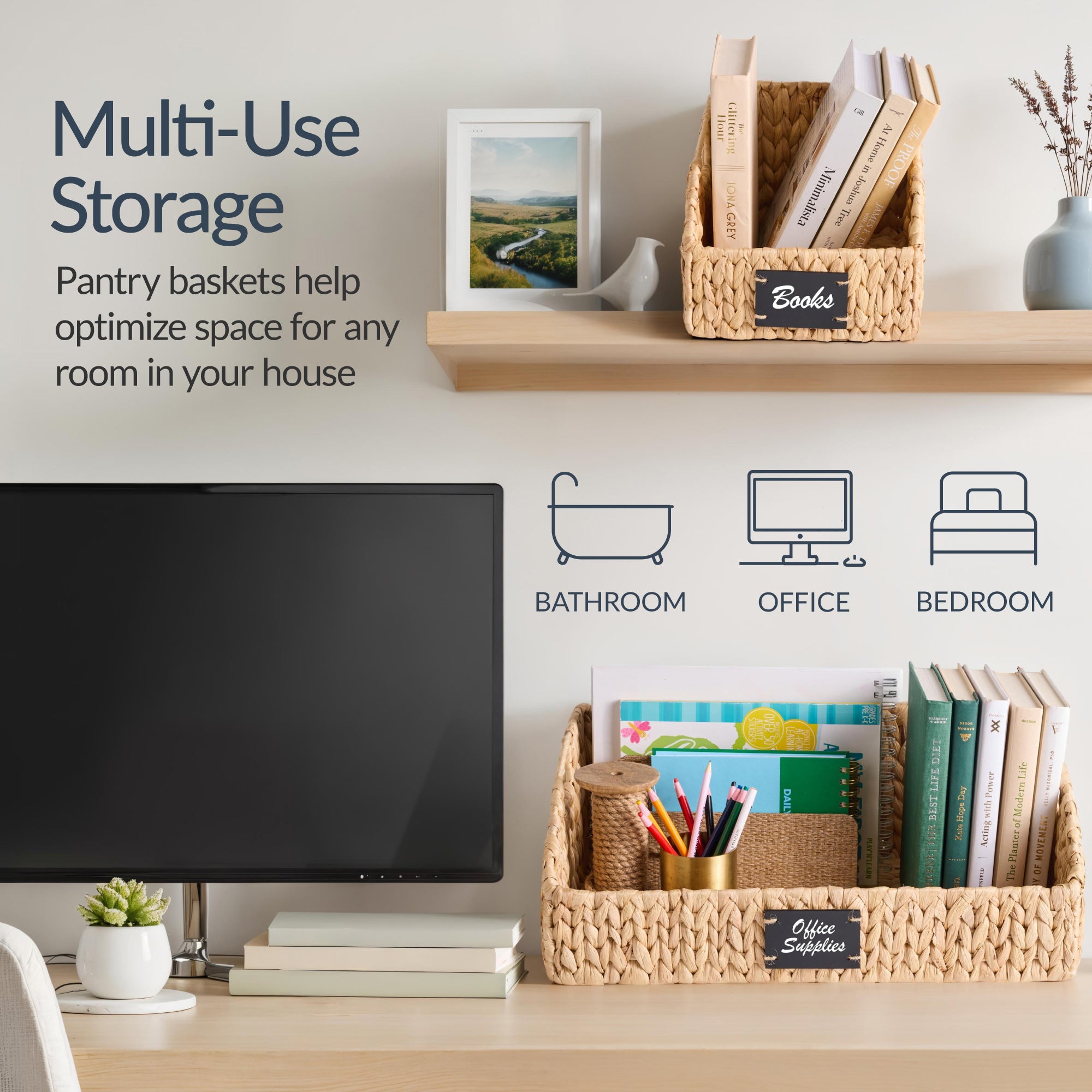 Hyacinth Angled Pantry Storage Baskets W/ Handles & Chalkboard (Set of 3)