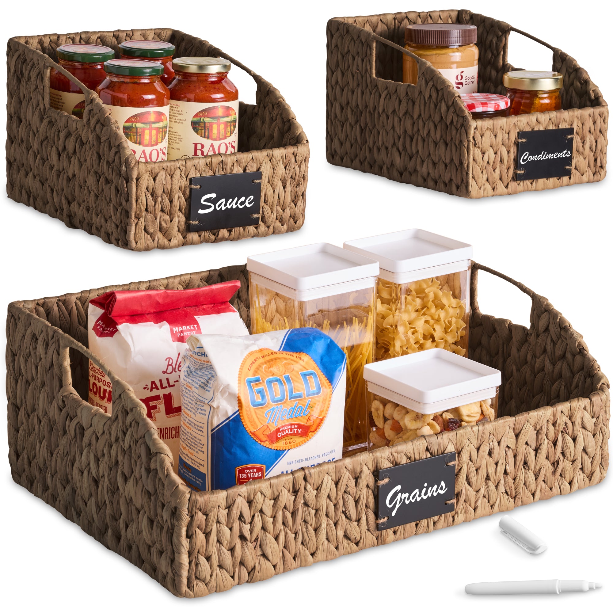 Hyacinth Angled Pantry Storage Baskets W/ Handles & Chalkboard (Set of 3)