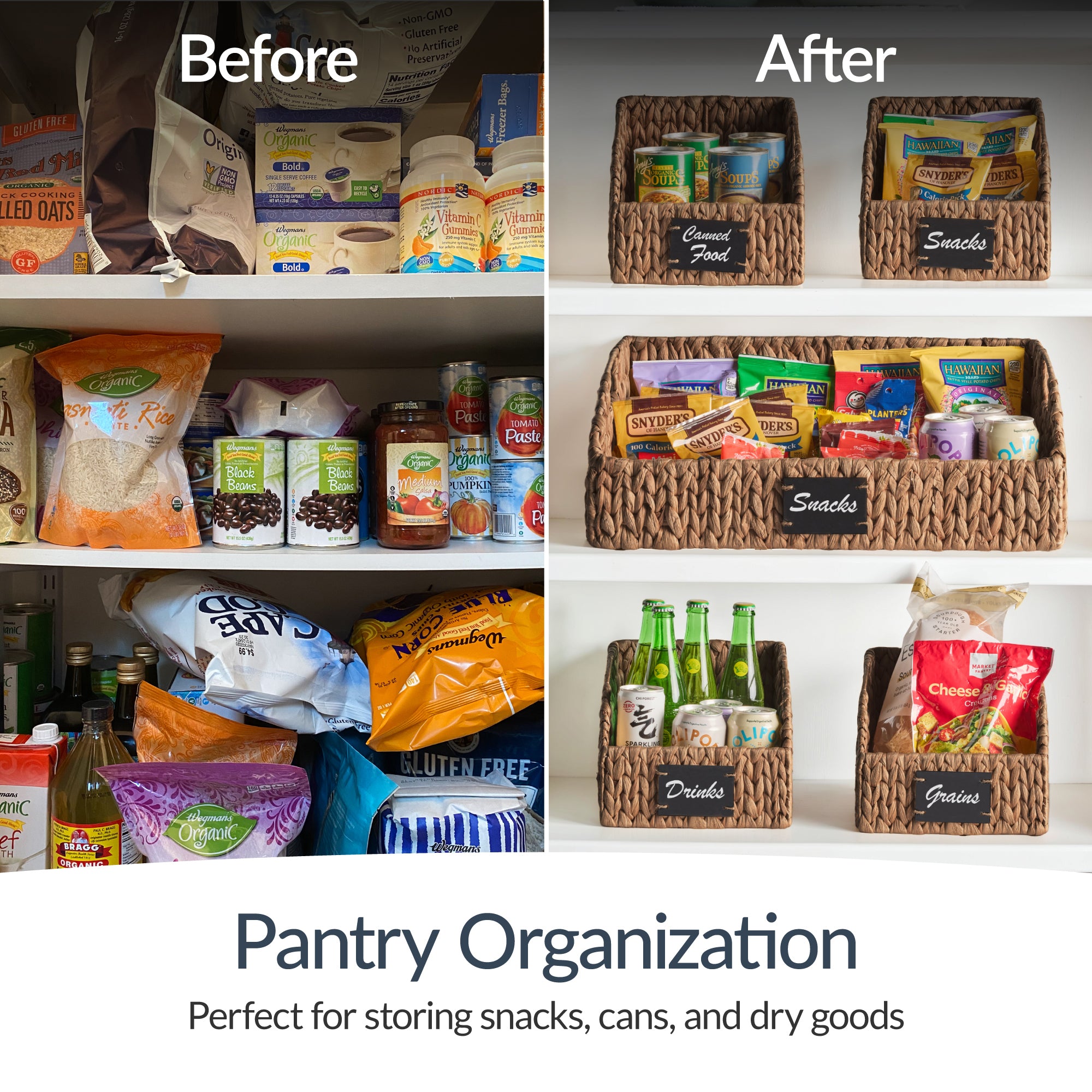 Hyacinth Angled Pantry Storage Baskets W/ Handles & Chalkboard (Set of 3)