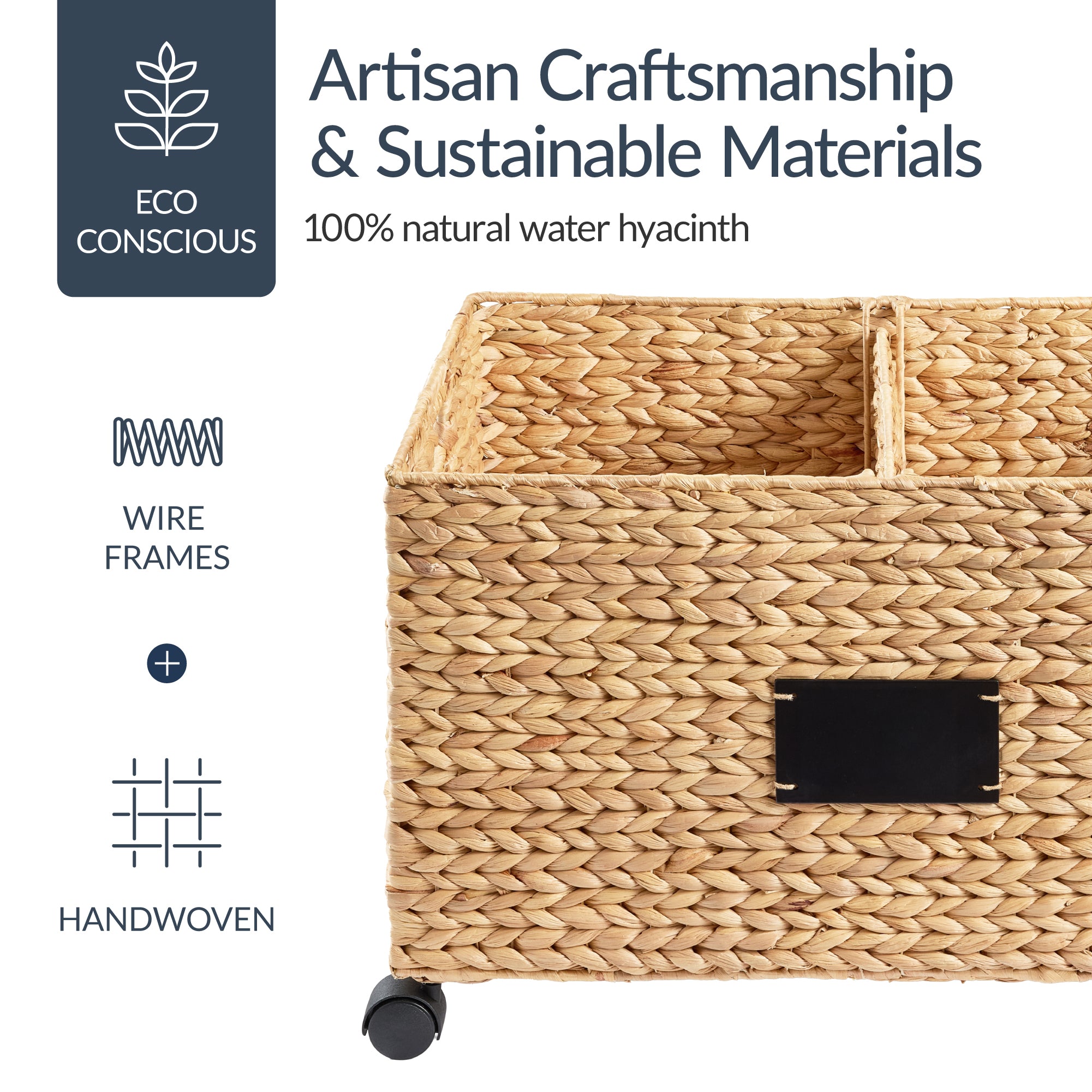 Rolling Pantry Storage Basket Organizer W/ Chalkboard Label, Handles, Removable Divider - Chestnut