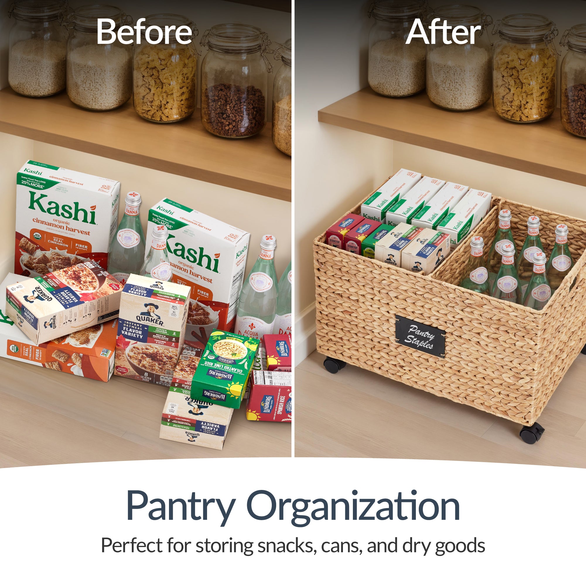 Rolling Pantry Storage Basket Organizer W/ Chalkboard Label, Handles, Removable Divider - Chestnut