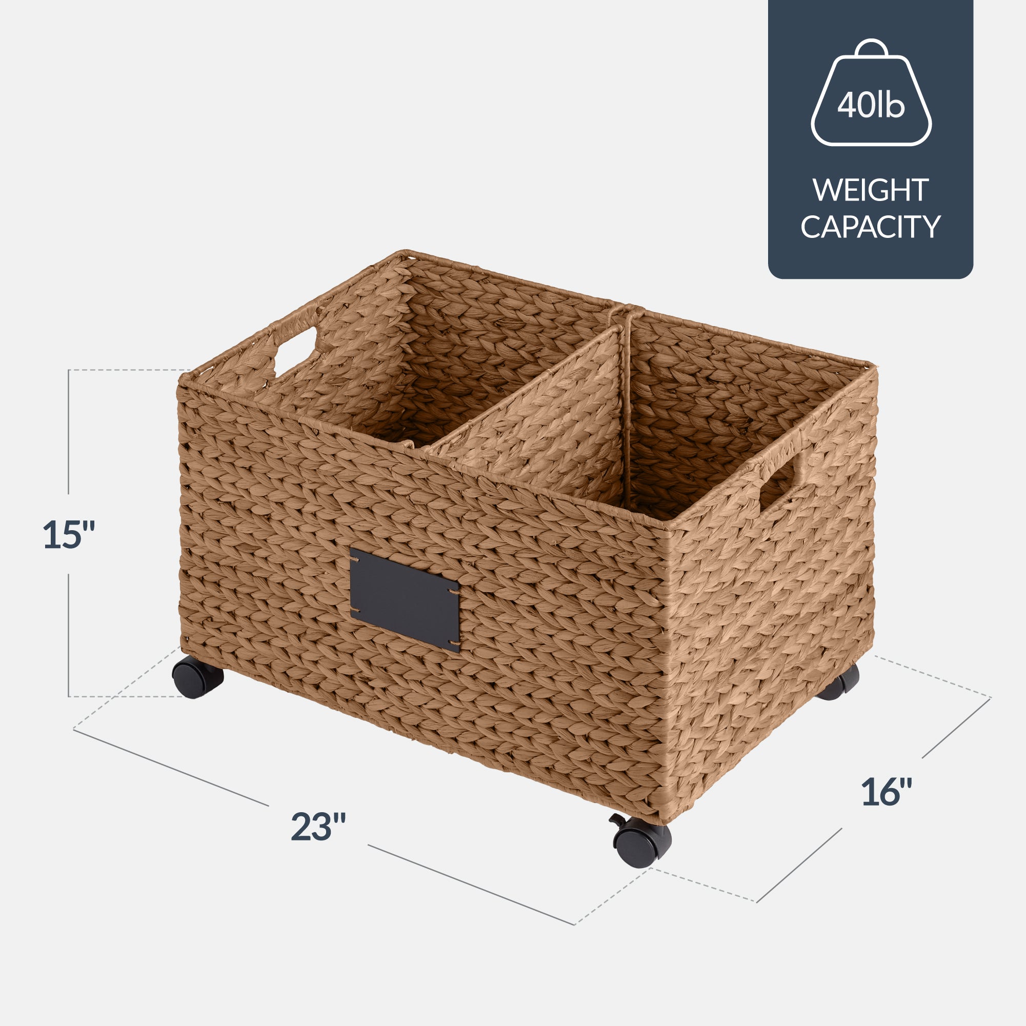 Rolling Pantry Storage Basket Organizer W/ Chalkboard Label, Handles, Removable Divider - Chestnut