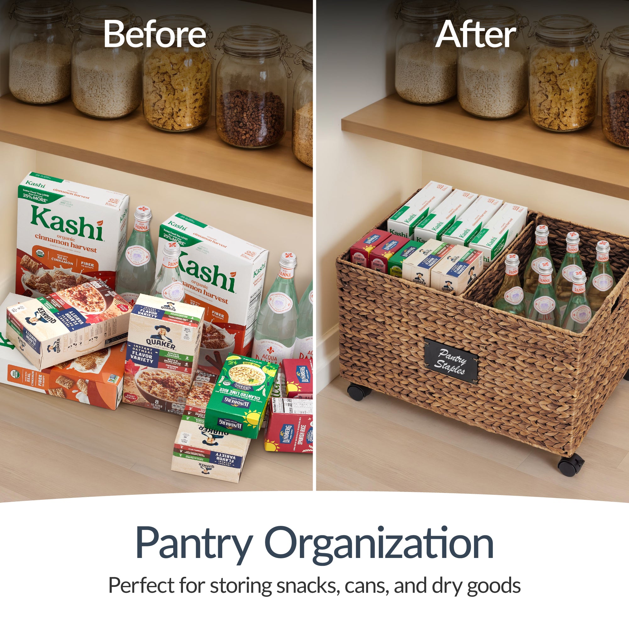 Rolling Pantry Storage Basket Organizer W/ Chalkboard Label, Handles, Removable Divider - Chestnut