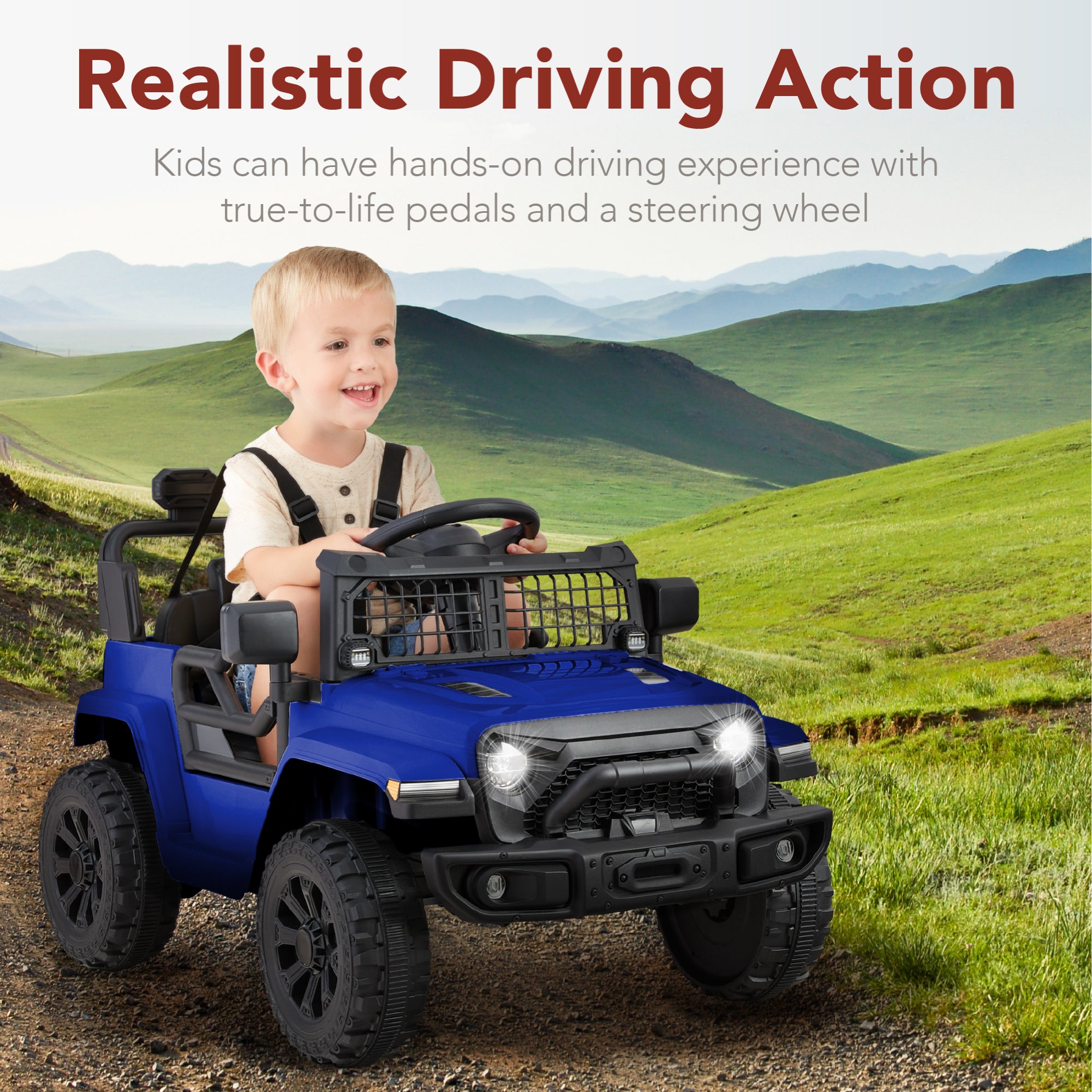 12V Kids Ride On Truck w/ Remote Control for Toddlers 3-5,  Safety Harness