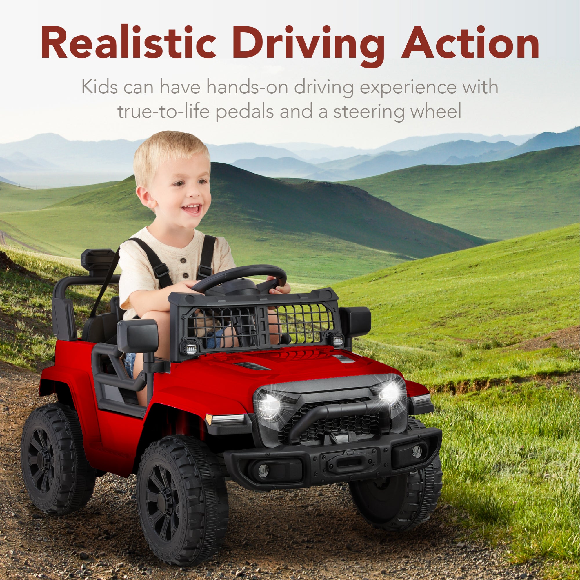 12V Kids Ride On Truck w/ Remote Control for Toddlers 3-5,  Safety Harness