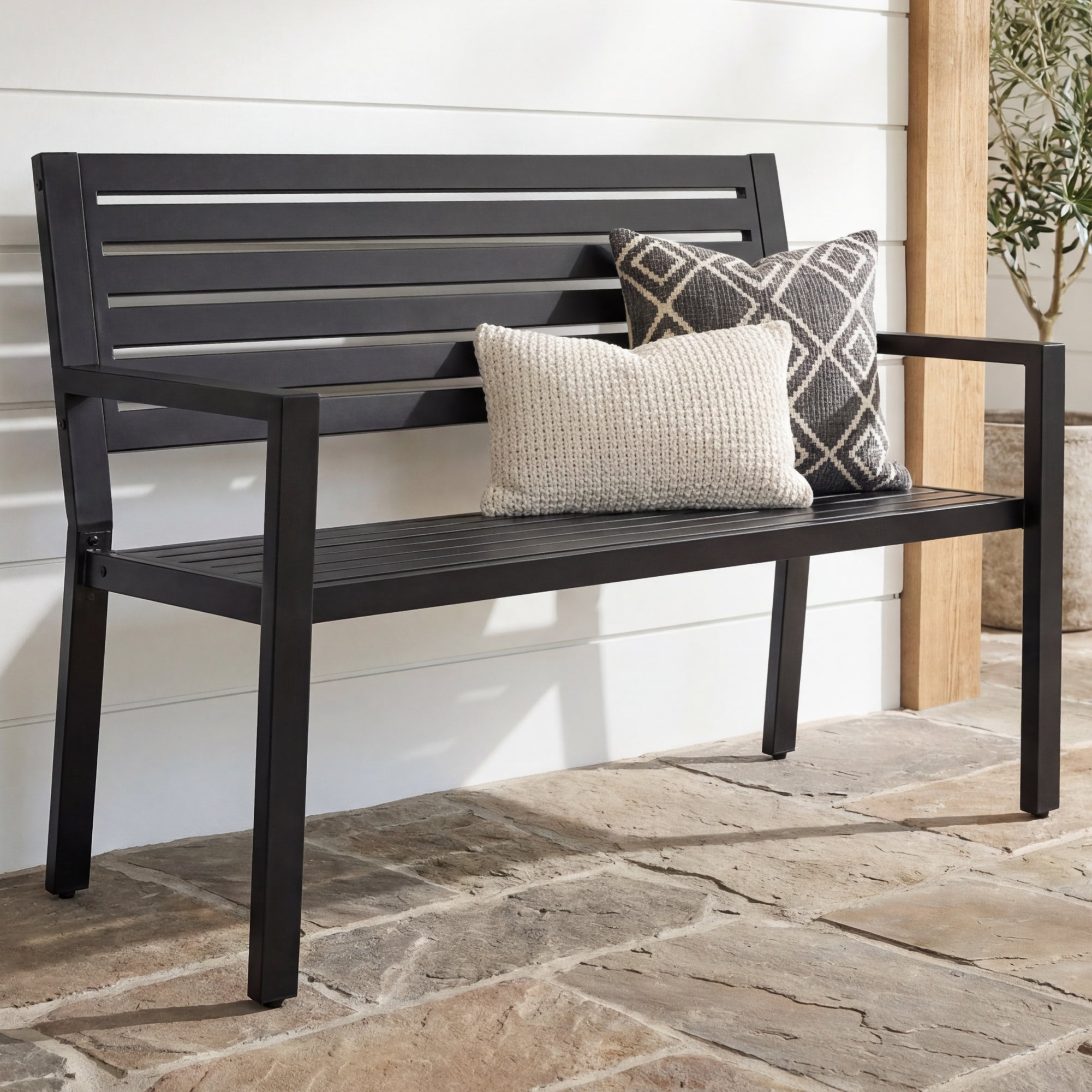 Outdoor Metal Patio Garden Bench, 790lb Capacity, Steel Slatted Seat