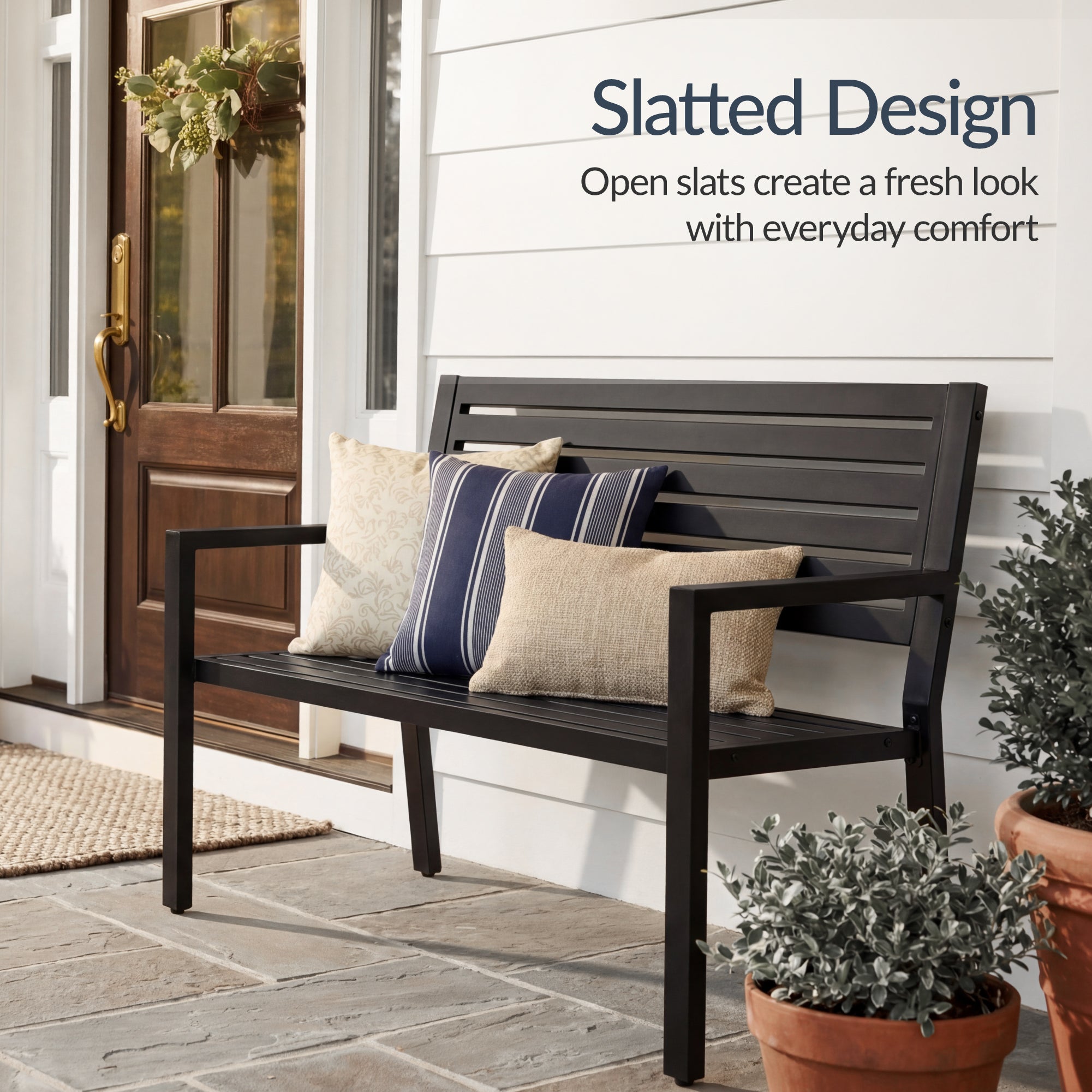 Outdoor Metal Patio Garden Bench, 790lb Capacity, Steel Slatted Seat
