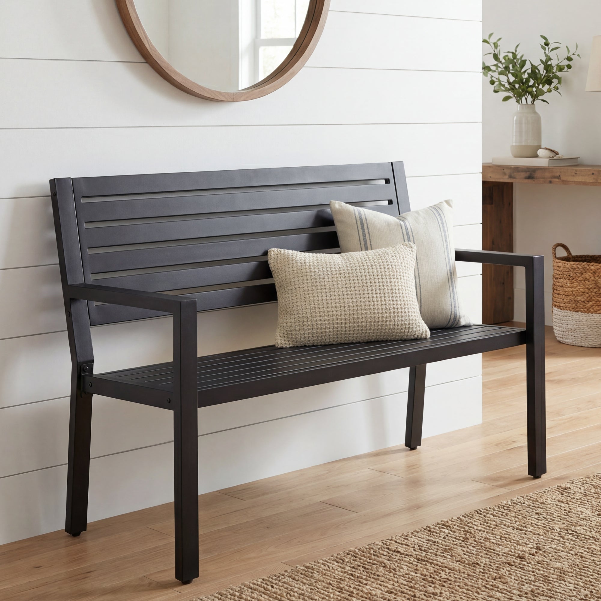 Outdoor Metal Patio Garden Bench, 790lb Capacity, Steel Slatted Seat