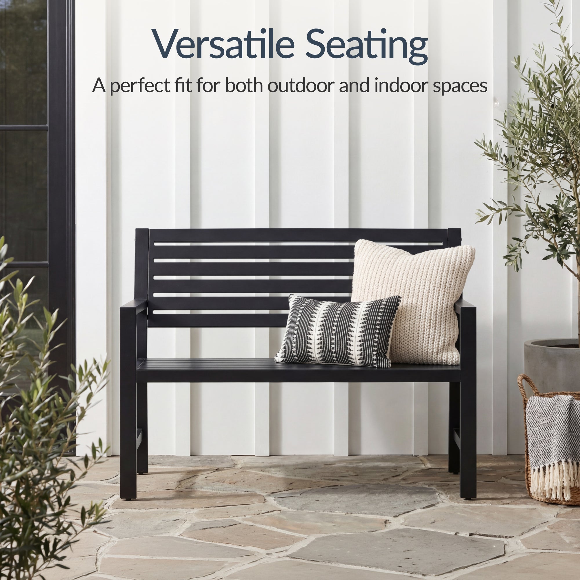 Outdoor Metal Patio Garden Bench, 790lb Capacity, Steel Slatted Seat