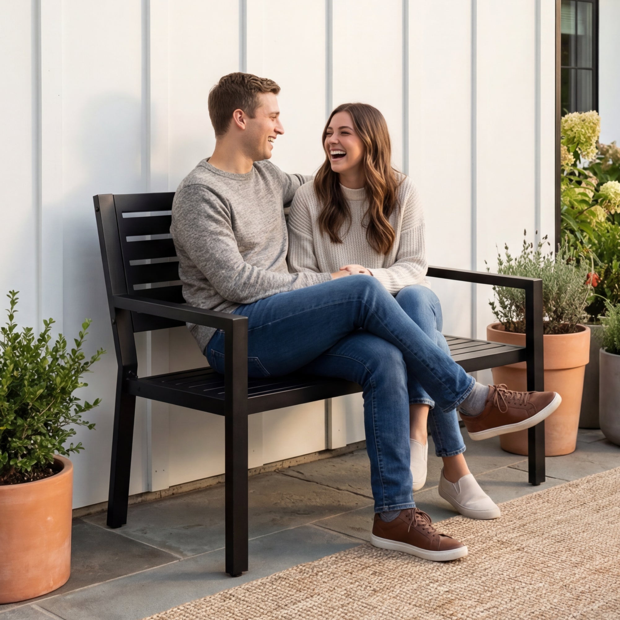 Outdoor Metal Patio Garden Bench, 790lb Capacity, Steel Slatted Seat