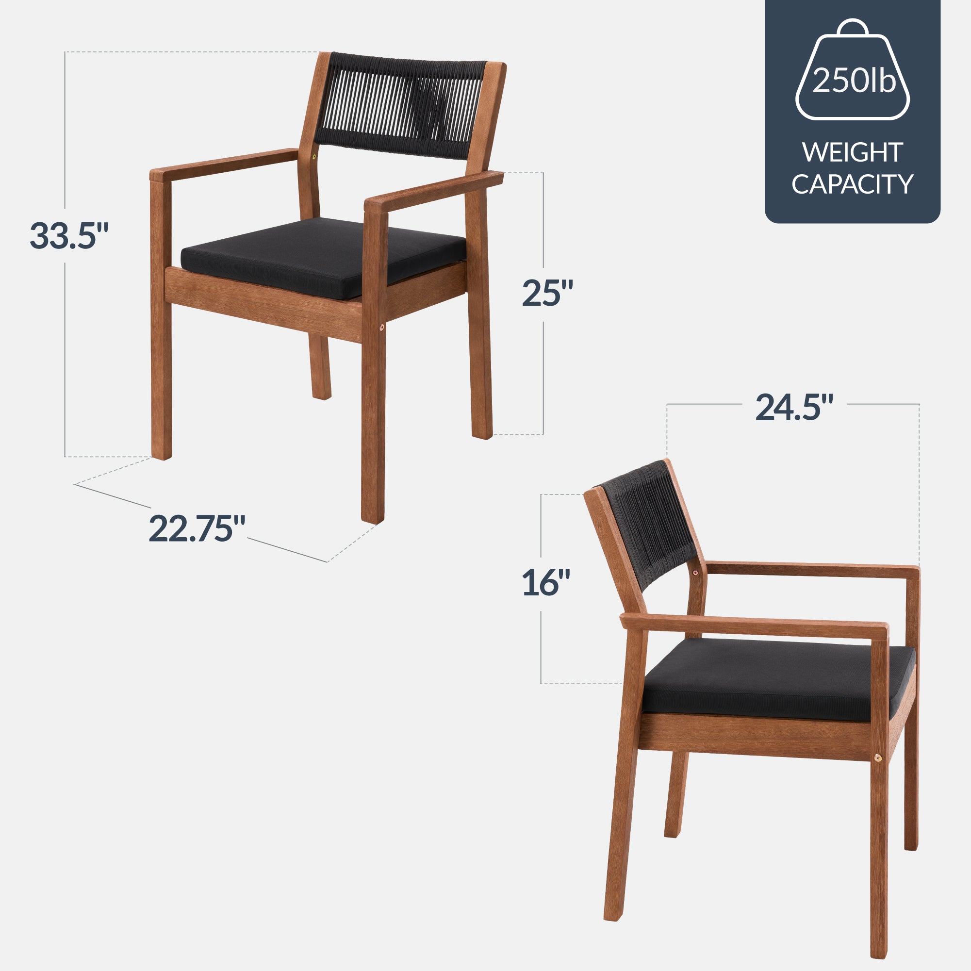 Set of 2 Indoor Outdoor Bayview Dining Chairs with Arms All-Weather Rope