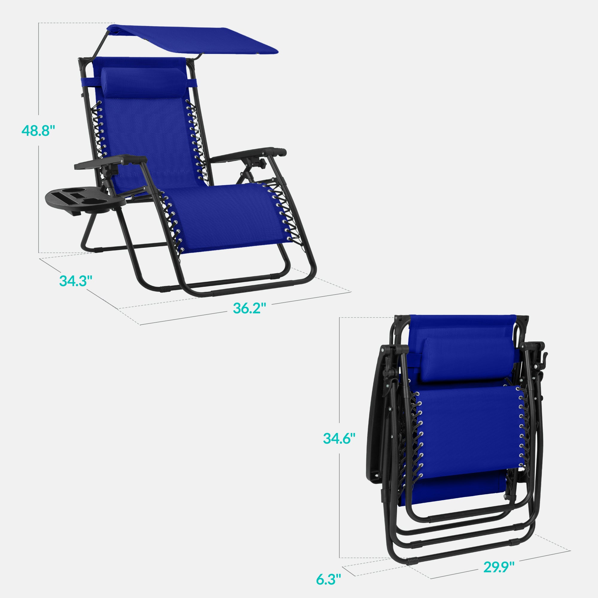 30" Wide Folding Zero Gravity Patio Lounge Chair w/Adjustable Canopy Shade