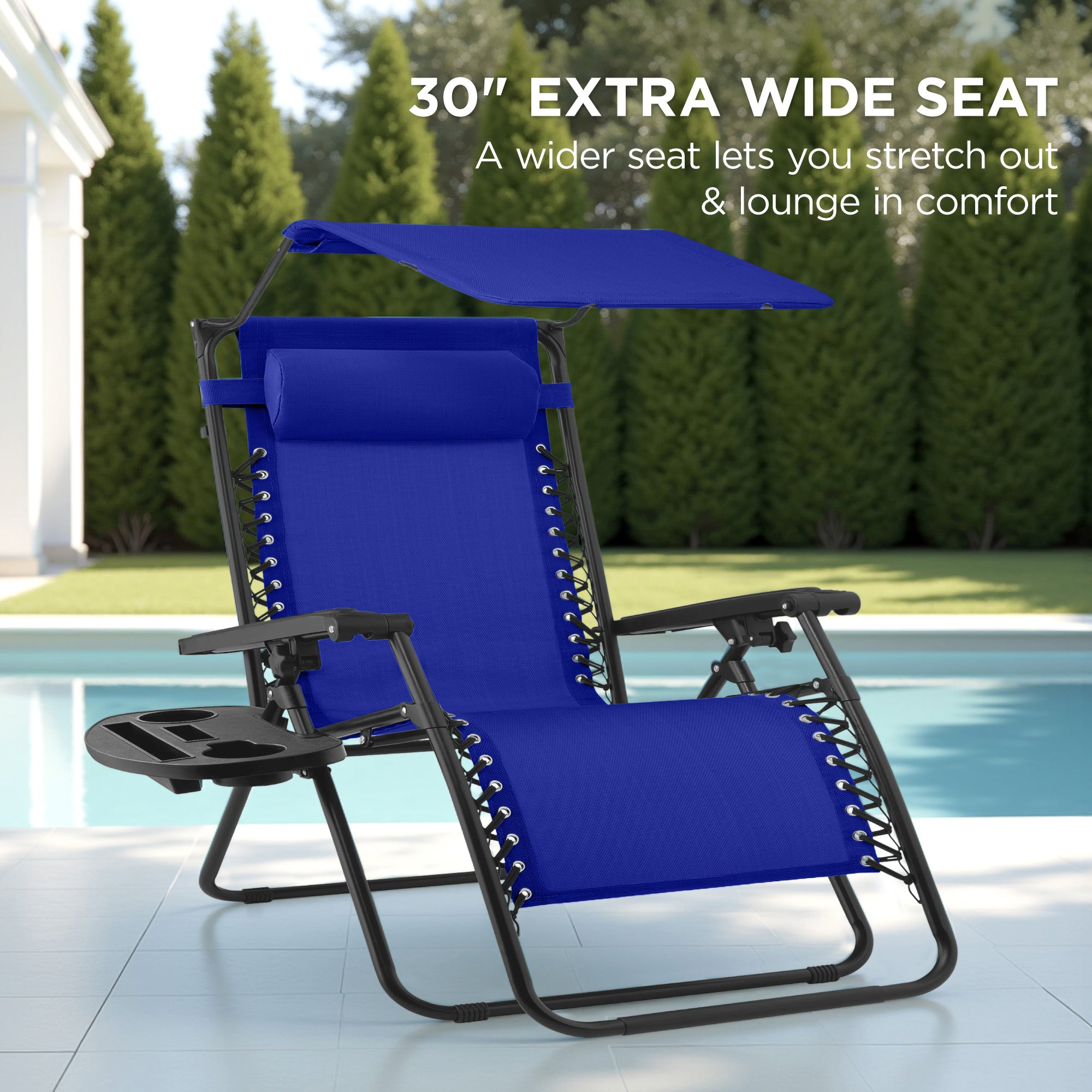 30" Wide Folding Zero Gravity Patio Lounge Chair w/Adjustable Canopy Shade
