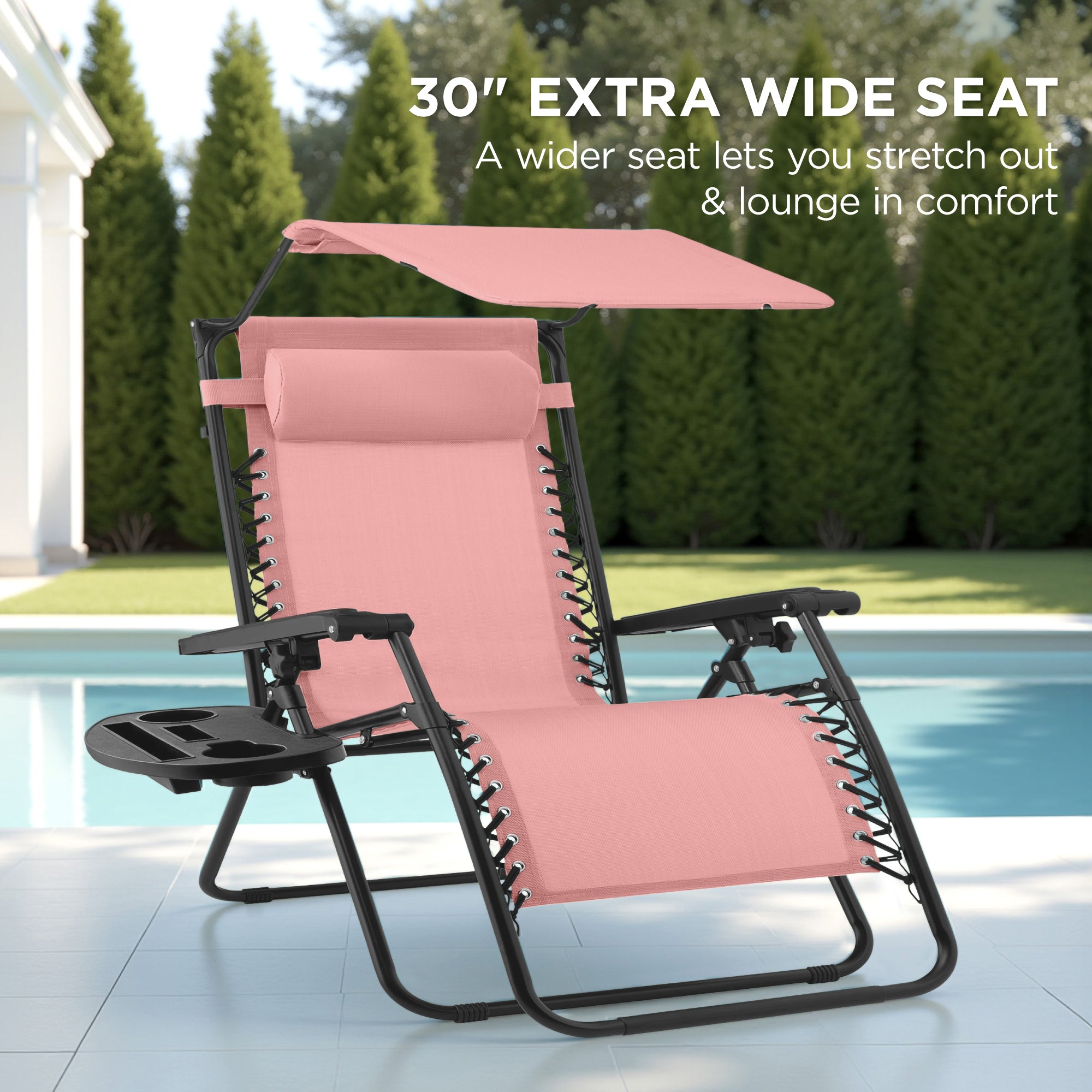 30" Wide Folding Zero Gravity Patio Lounge Chair w/Adjustable Canopy Shade