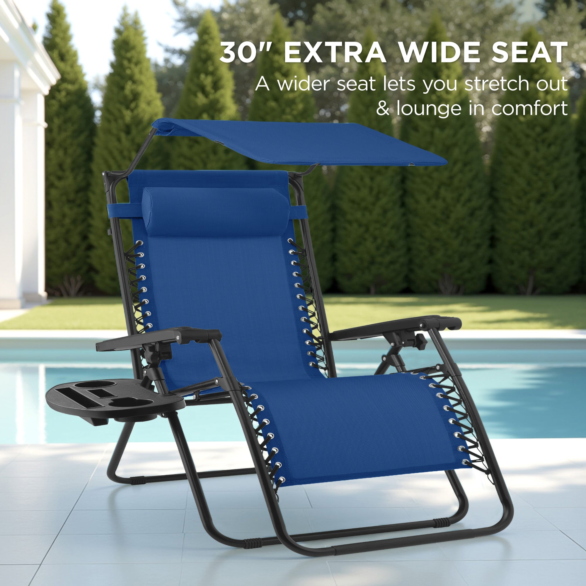 30" Wide Folding Zero Gravity Patio Lounge Chair w/Adjustable Canopy Shade