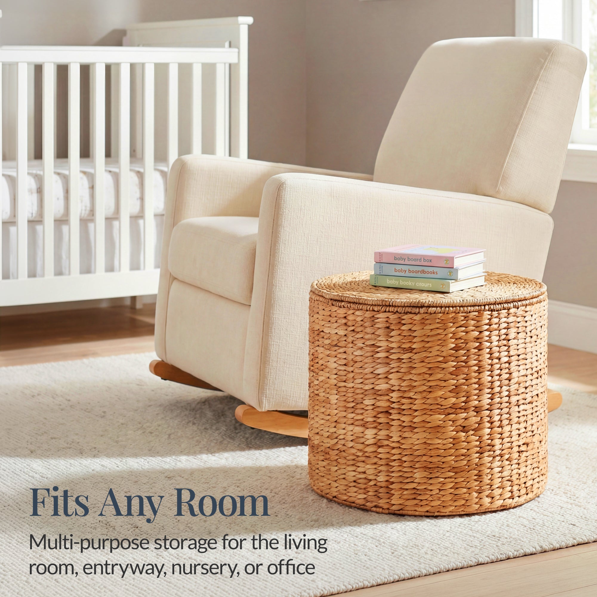 Large Round Storage Ottoman W/ Lid, Handwoven Water Hyacinth Footstool