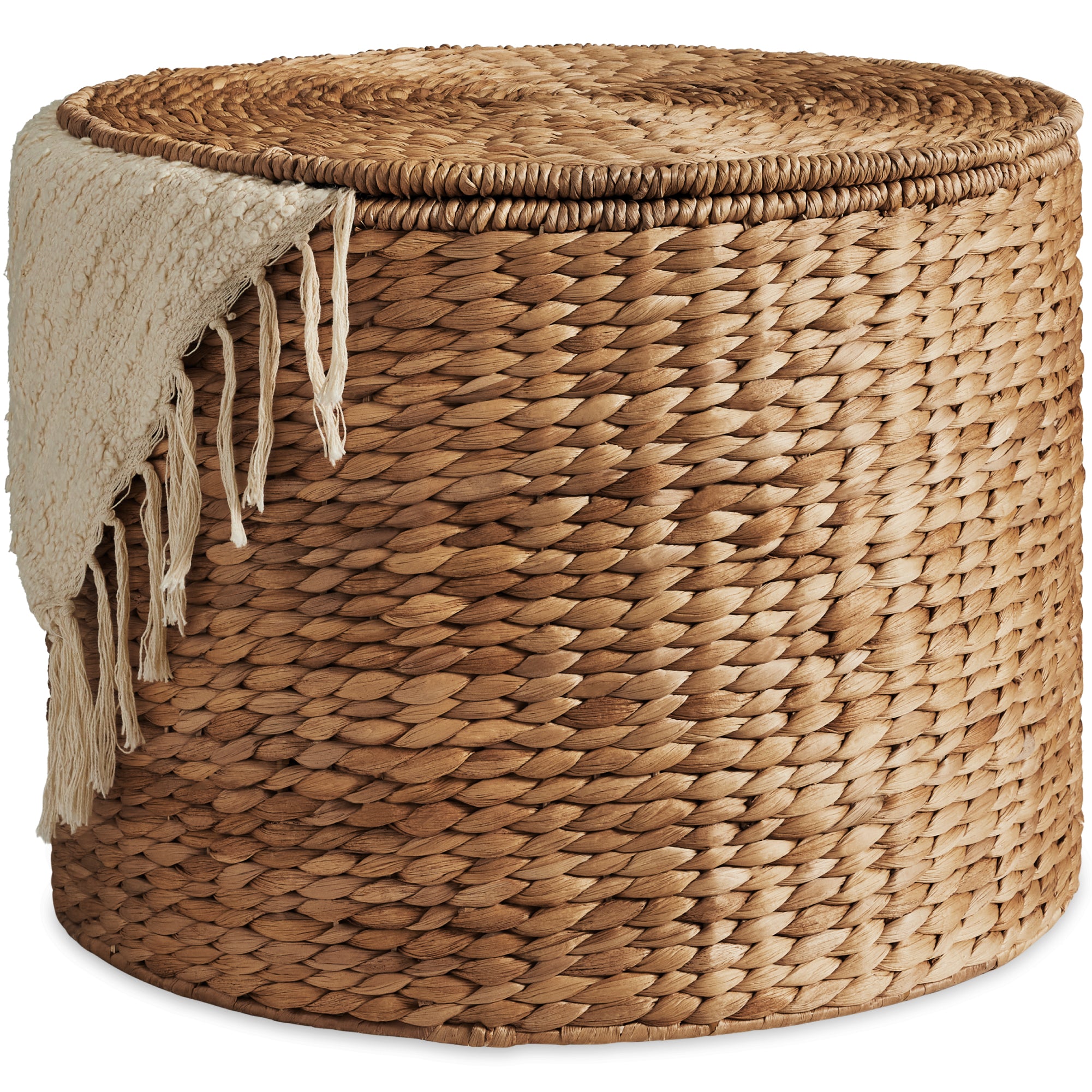 Large Round Storage Ottoman W/ Lid, Handwoven Water Hyacinth Footstool