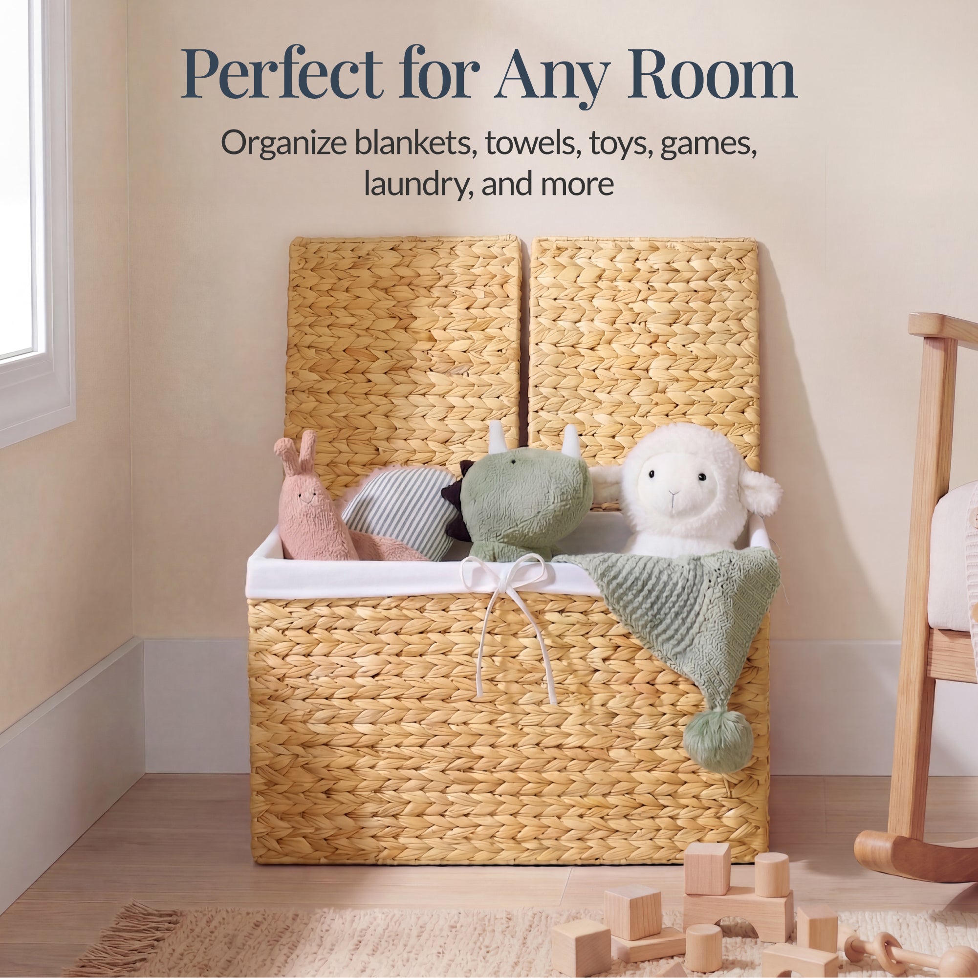 Large Storage Basket w/ Separate Lid, Washable Sectioned Liner Bag