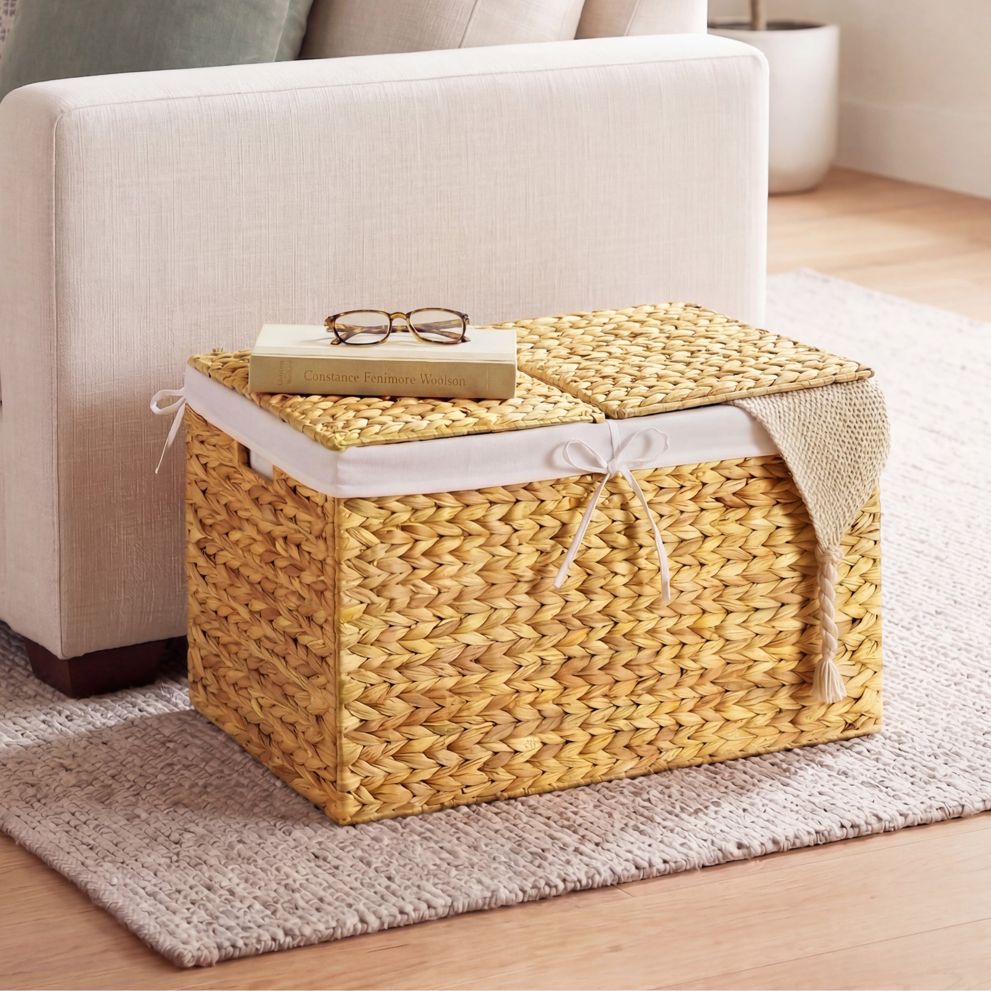Large Storage Basket w/ Separate Lid, Washable Sectioned Liner Bag
