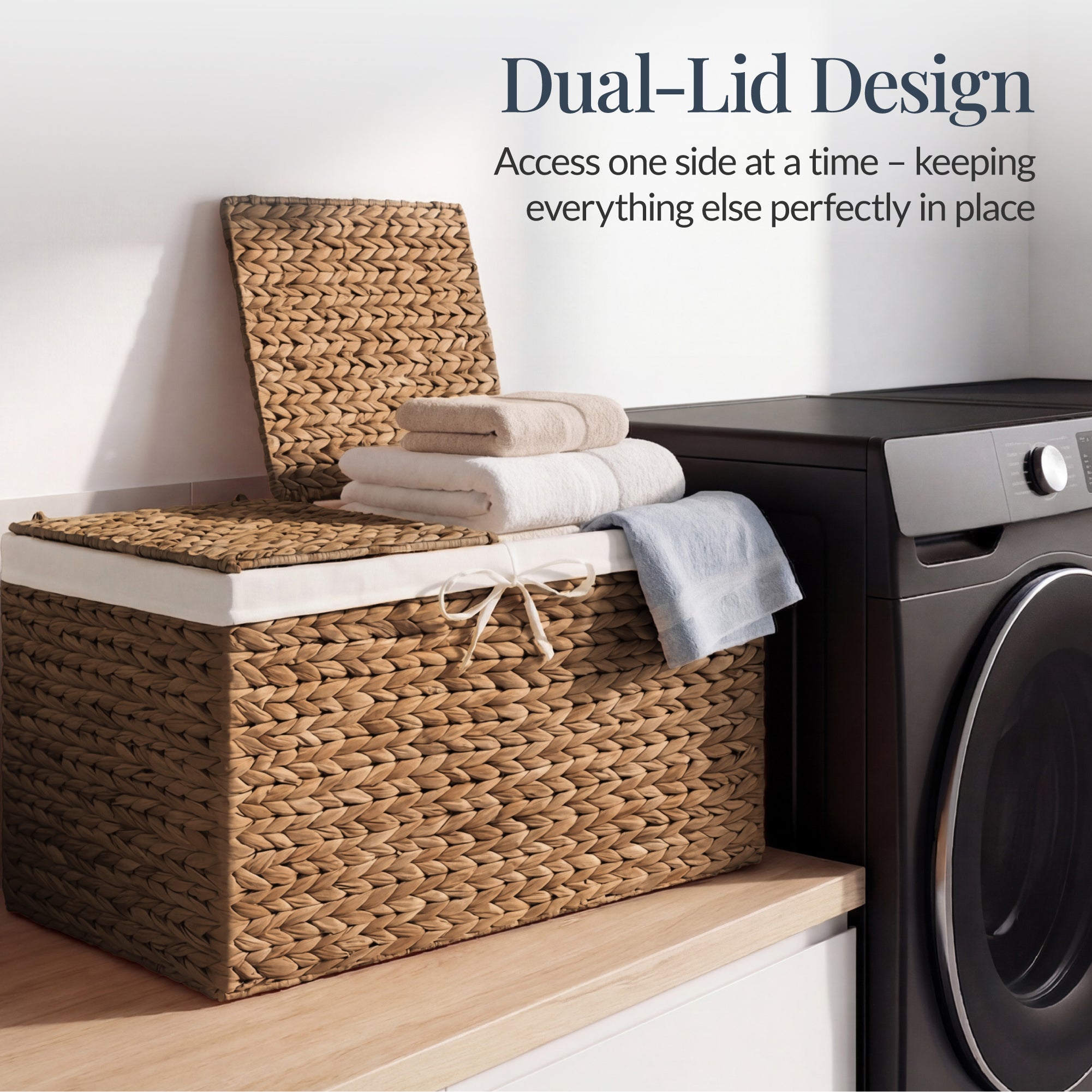 Large Storage Basket w/ Separate Lid, Washable Sectioned Liner Bag