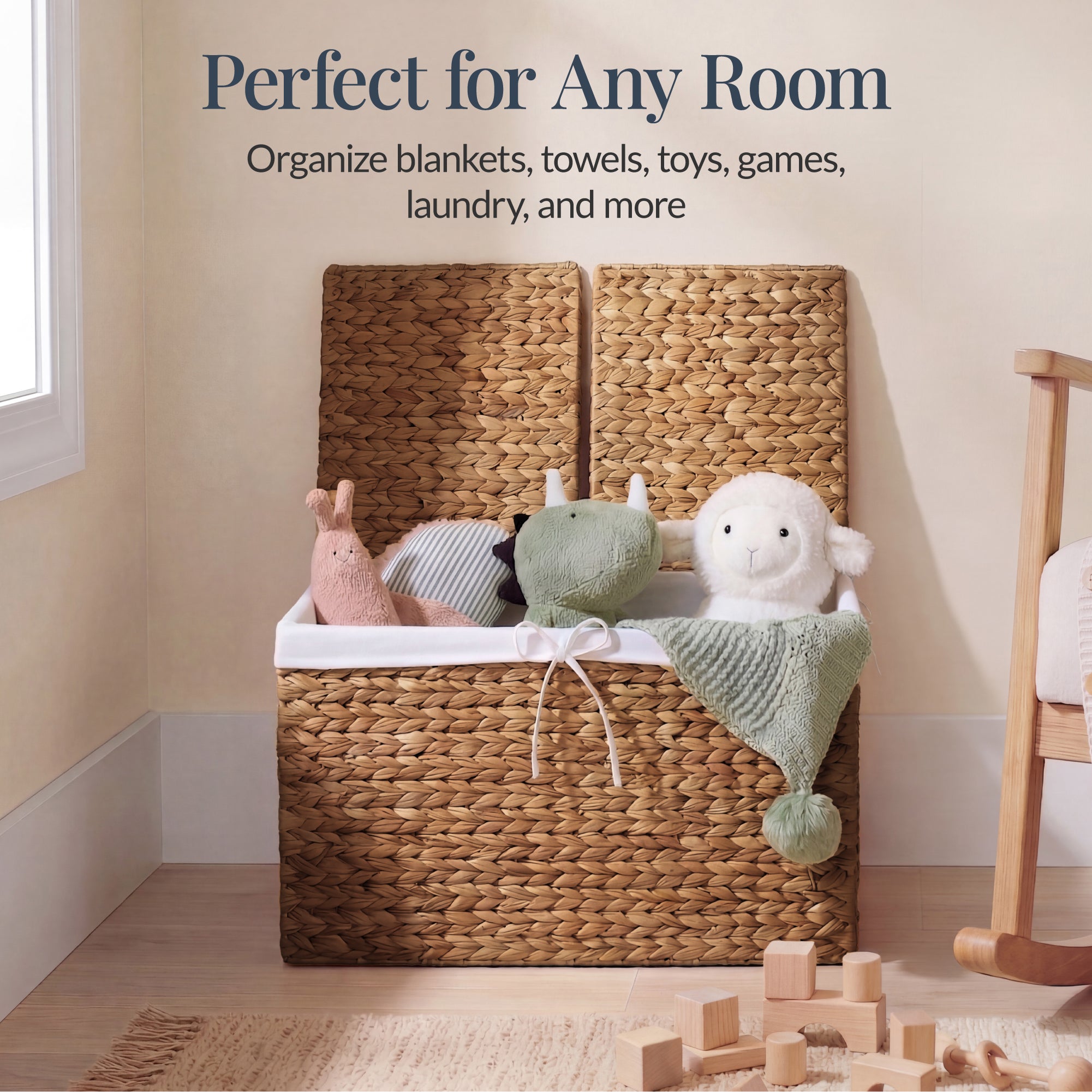 Large Storage Basket w/ Separate Lid, Washable Sectioned Liner Bag