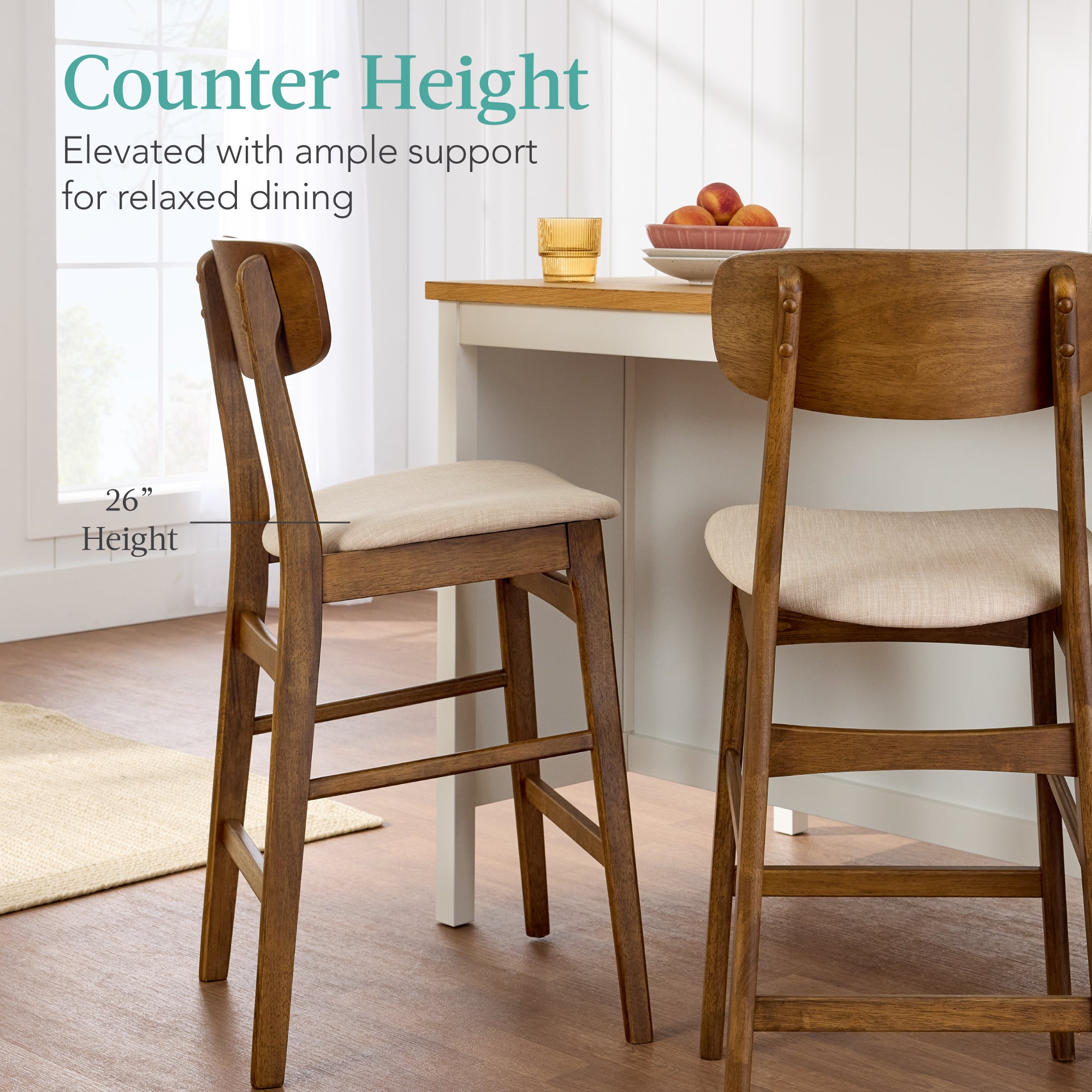 2-Piece Farmhouse Counter Height Bar Stool Set w/ Cushioned Seat, Backrest