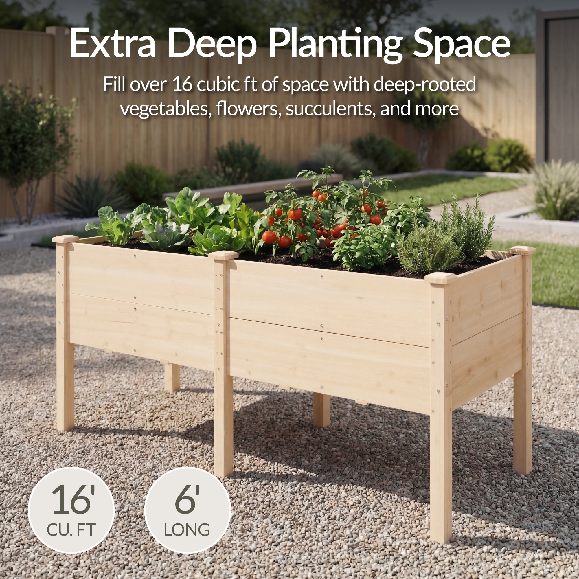 72" x 24" x 30" Raised Wooden Garden Bed w/16" Depth, Elevated Wood Planter