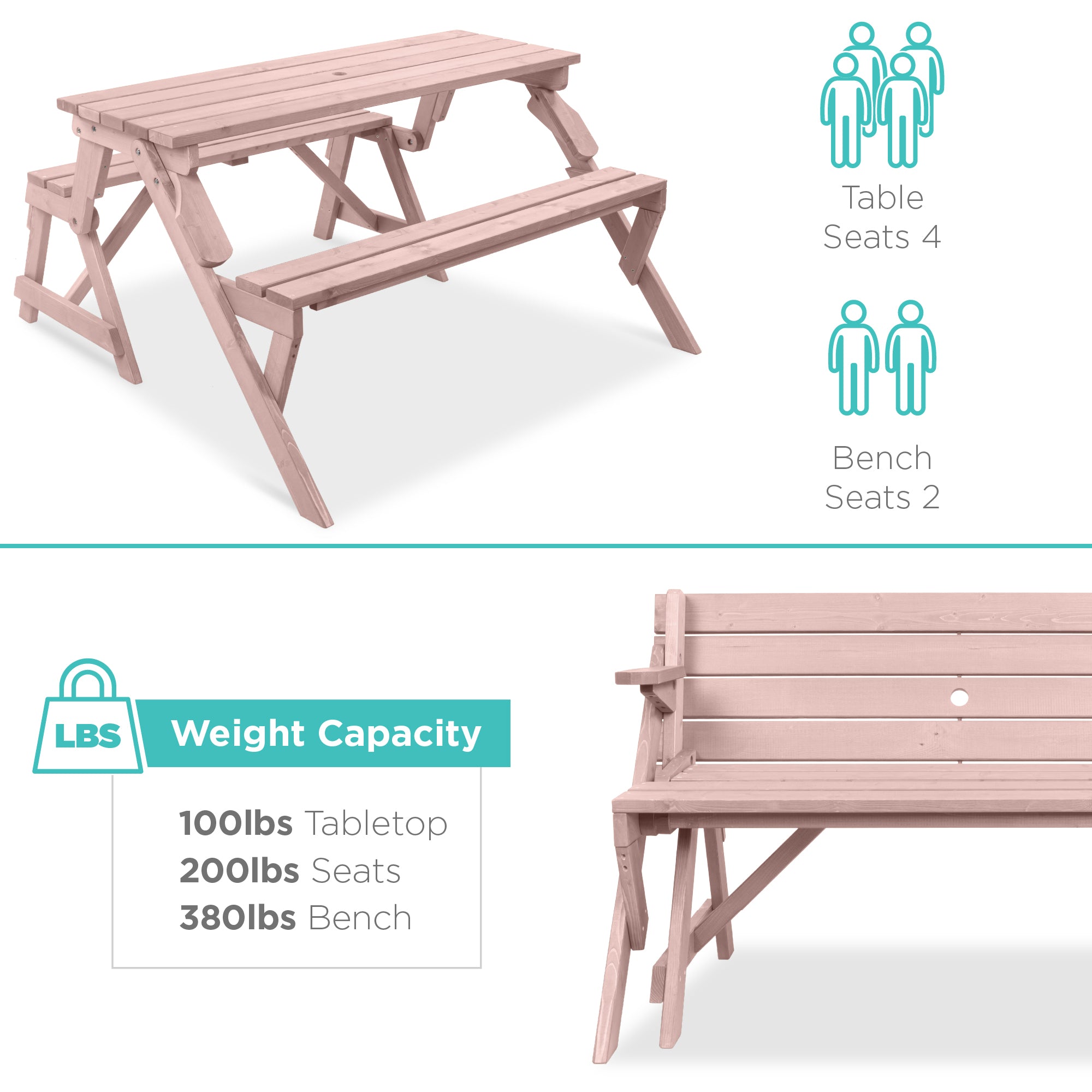 2-in-1 Outdoor Interchangeable Wooden Picnic Table/Garden Bench