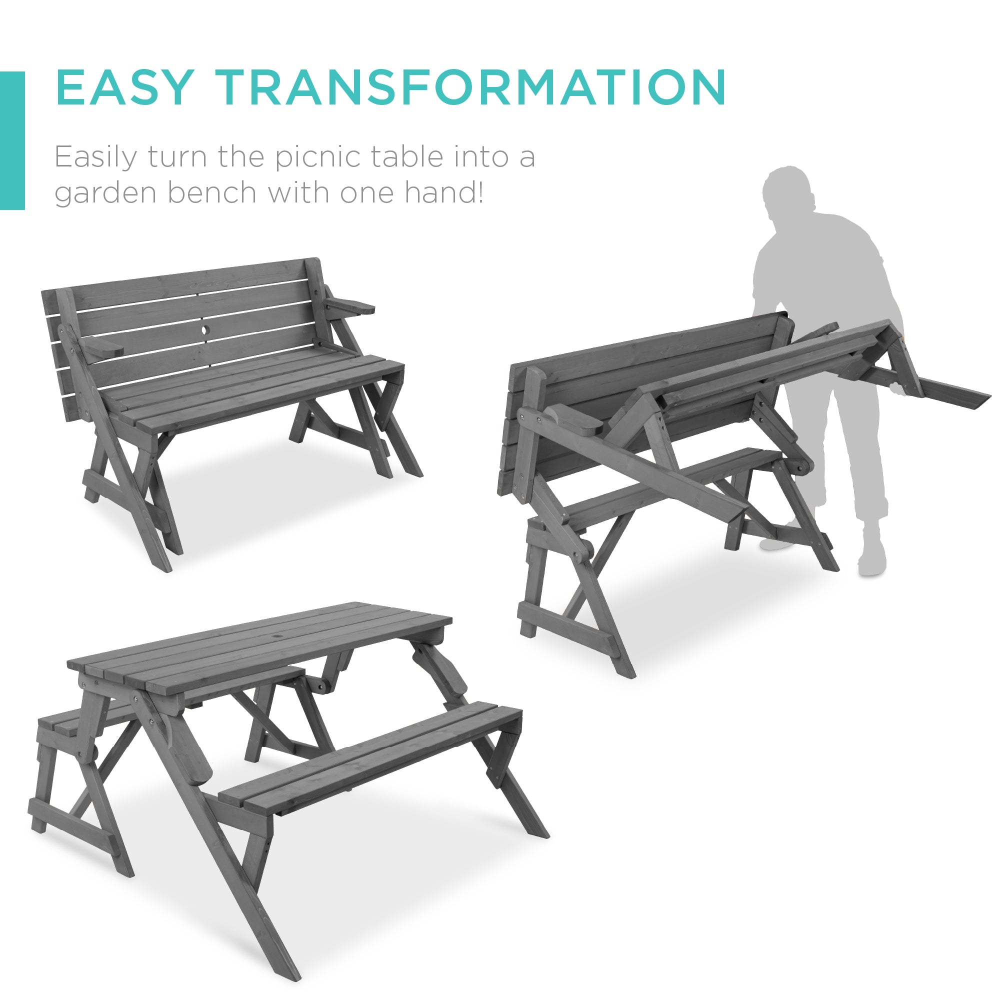 2-in-1 Outdoor Interchangeable Wooden Picnic Table/Garden Bench