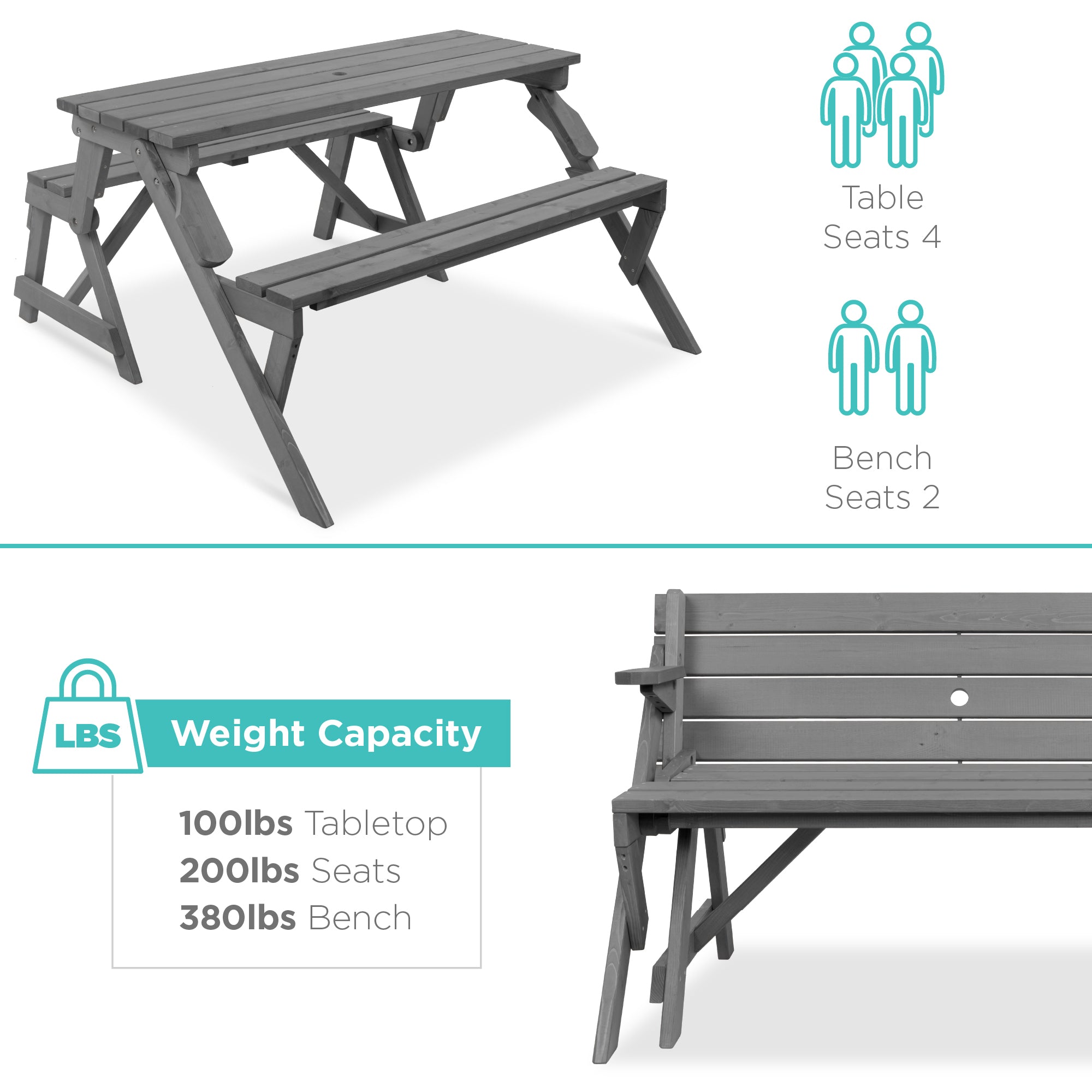 2-in-1 Outdoor Interchangeable Wooden Picnic Table/Garden Bench