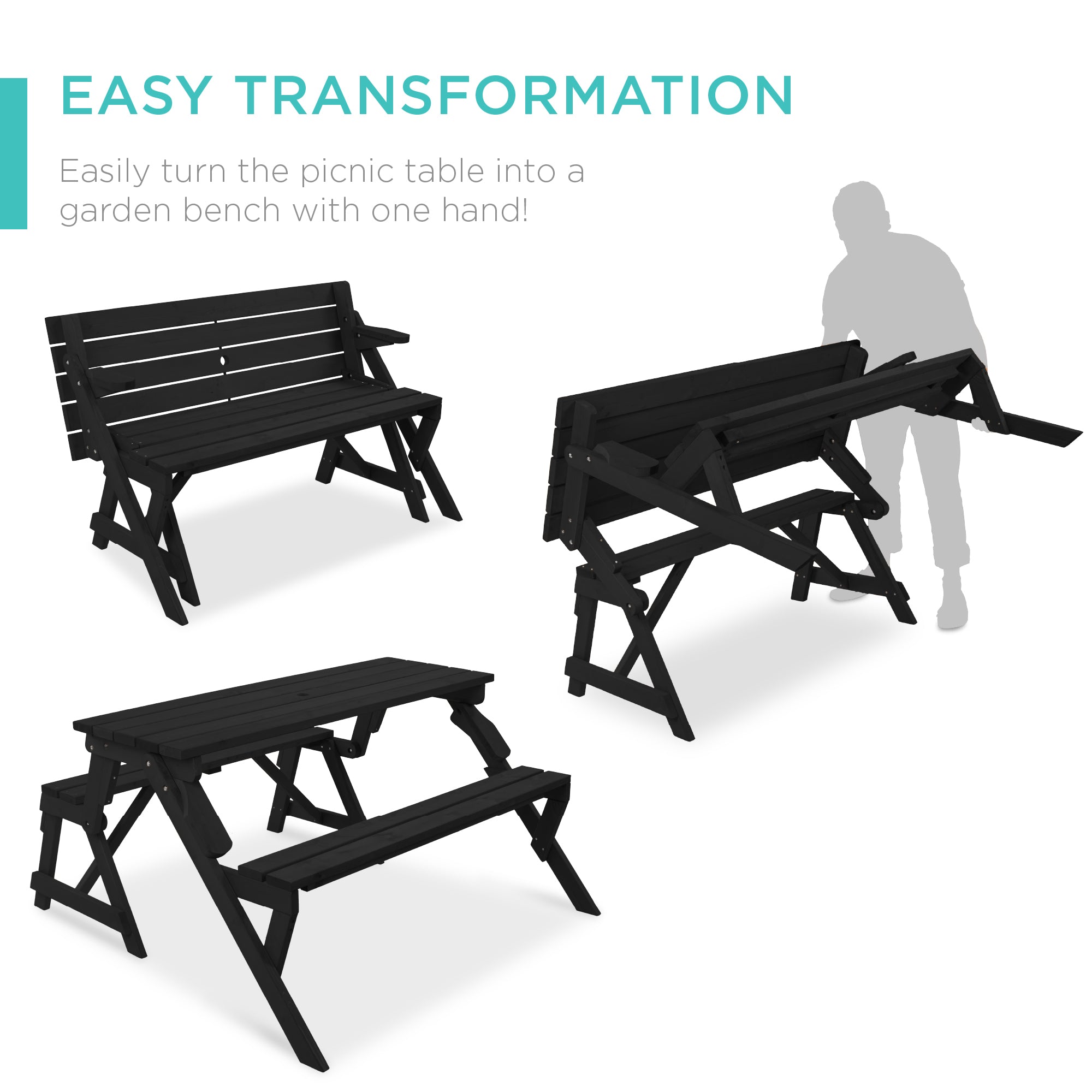2-in-1 Outdoor Interchangeable Wooden Picnic Table/Garden Bench