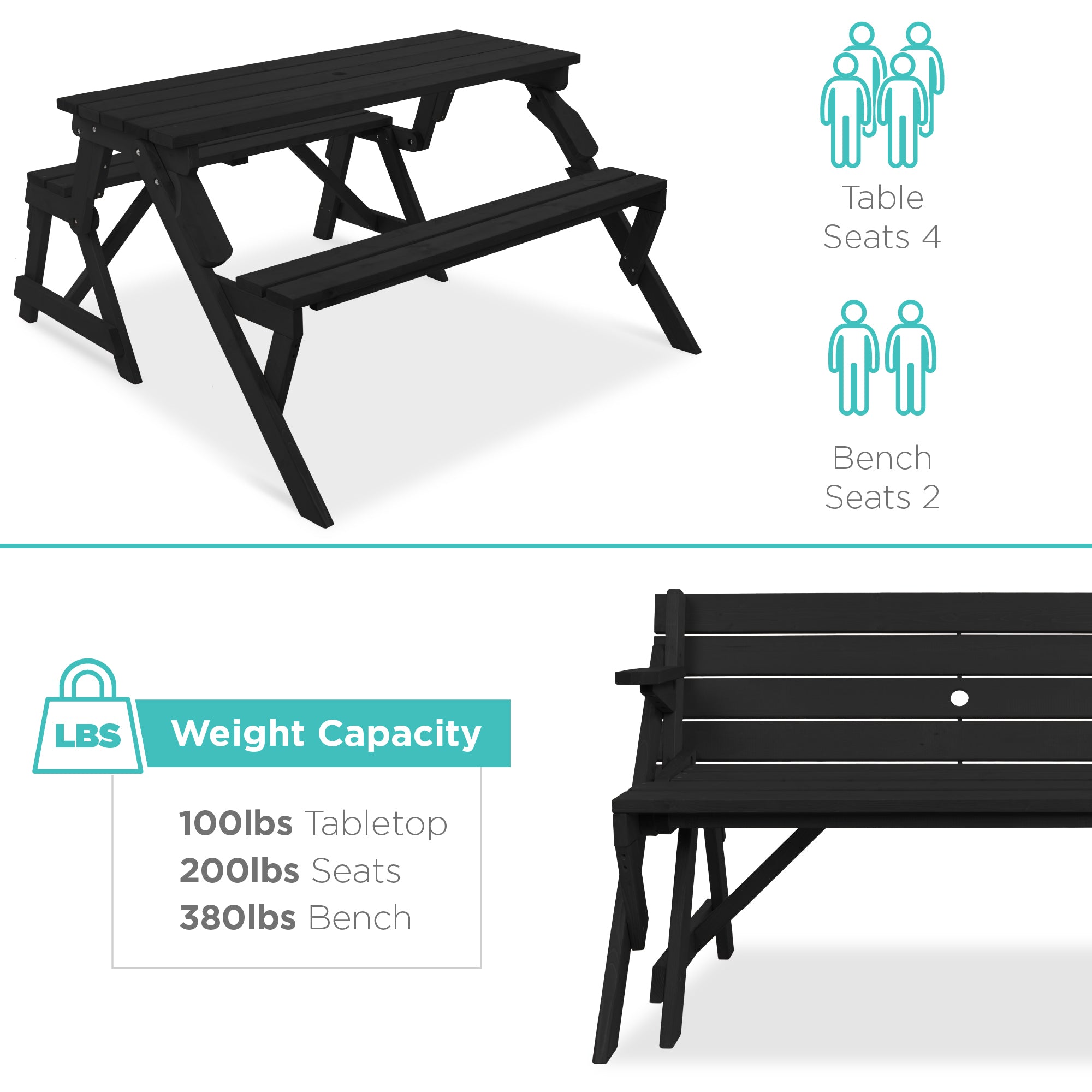 2-in-1 Outdoor Interchangeable Wooden Picnic Table/Garden Bench