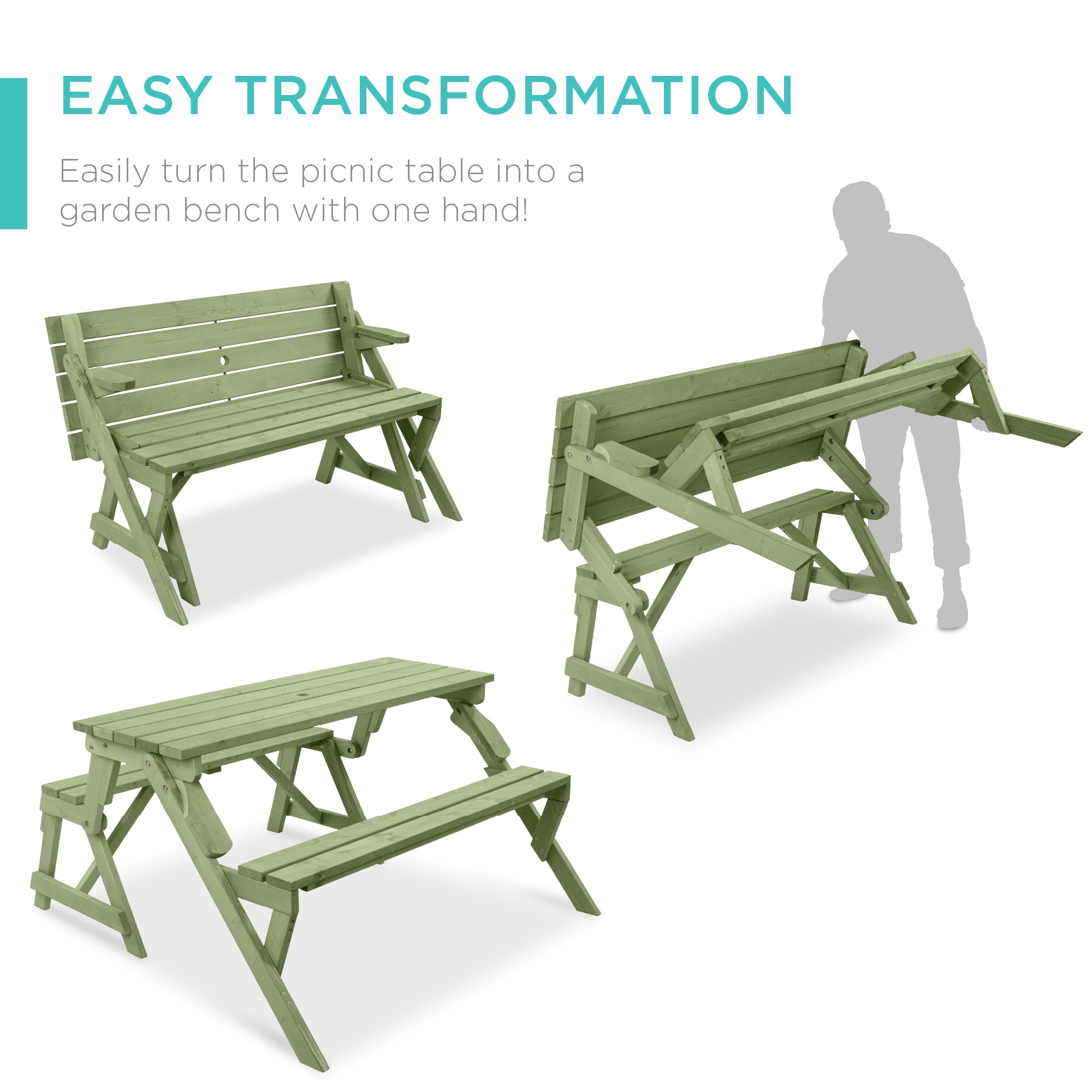 2-in-1 Outdoor Interchangeable Wooden Picnic Table/Garden Bench