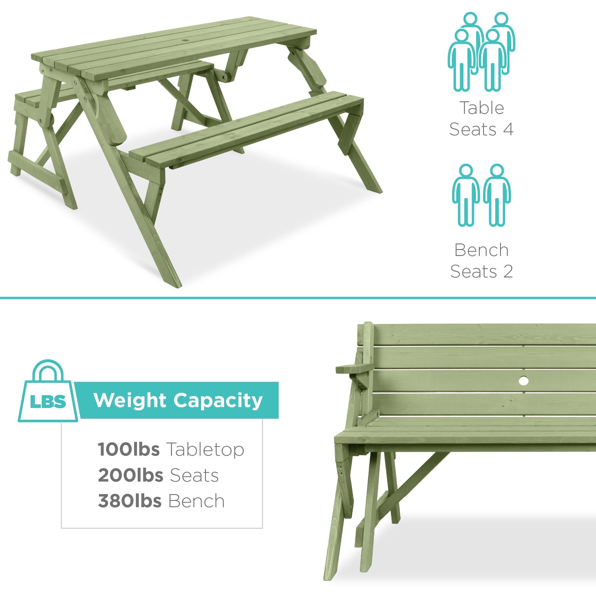 2-in-1 Outdoor Interchangeable Wooden Picnic Table/Garden Bench