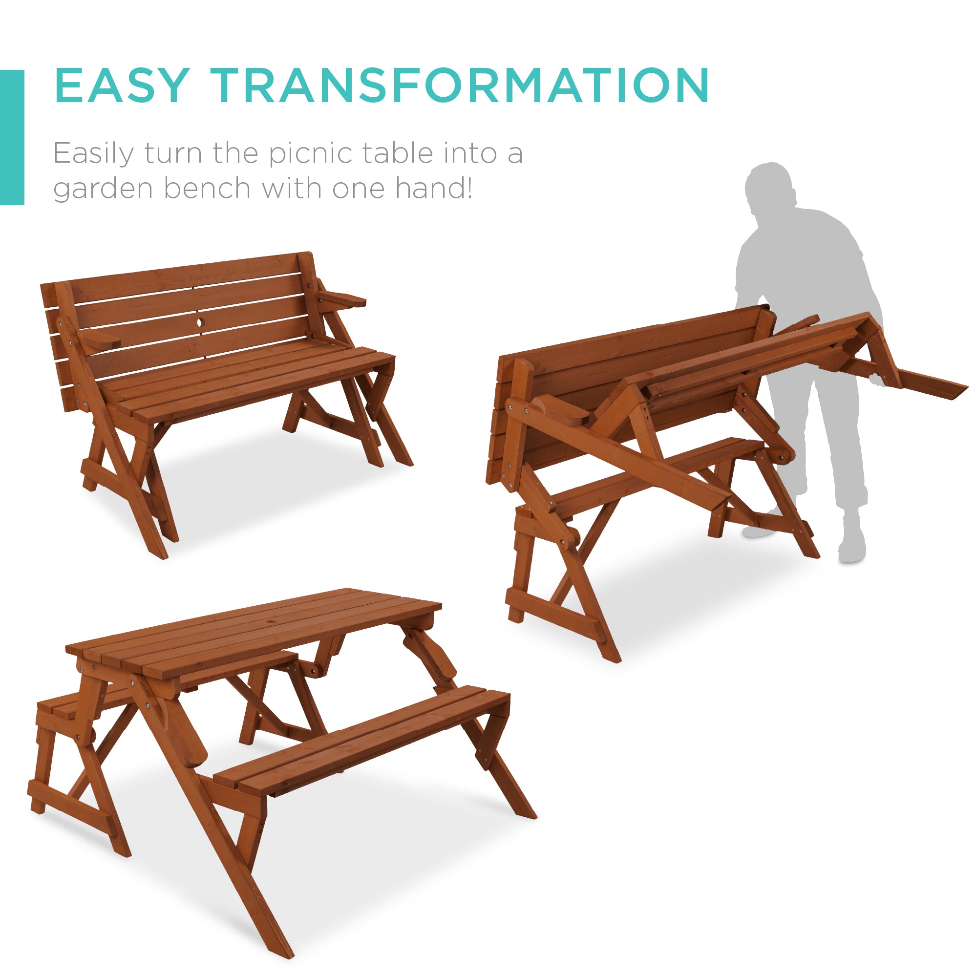 2-in-1 Outdoor Interchangeable Wooden Picnic Table/Garden Bench