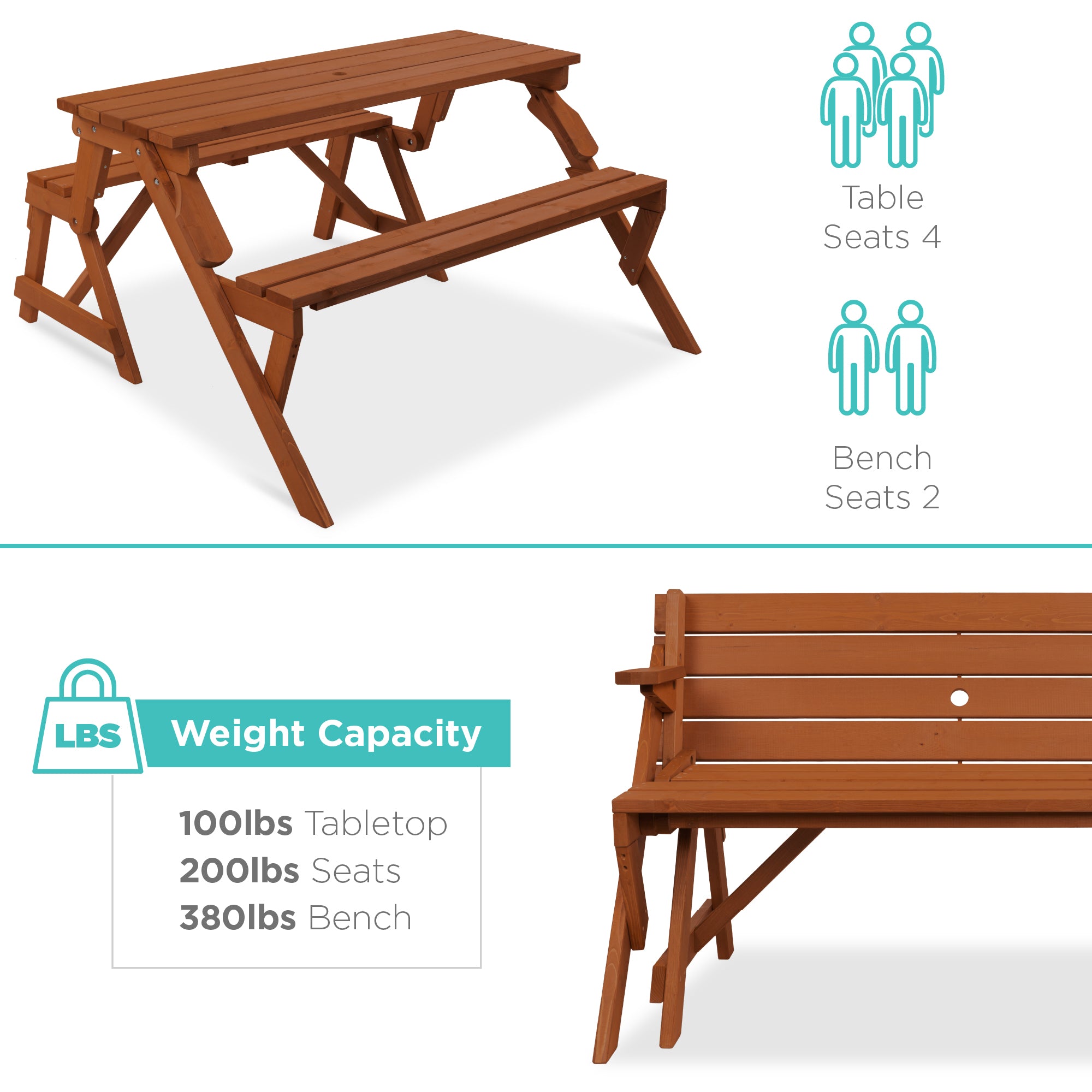 2-in-1 Outdoor Interchangeable Wooden Picnic Table/Garden Bench
