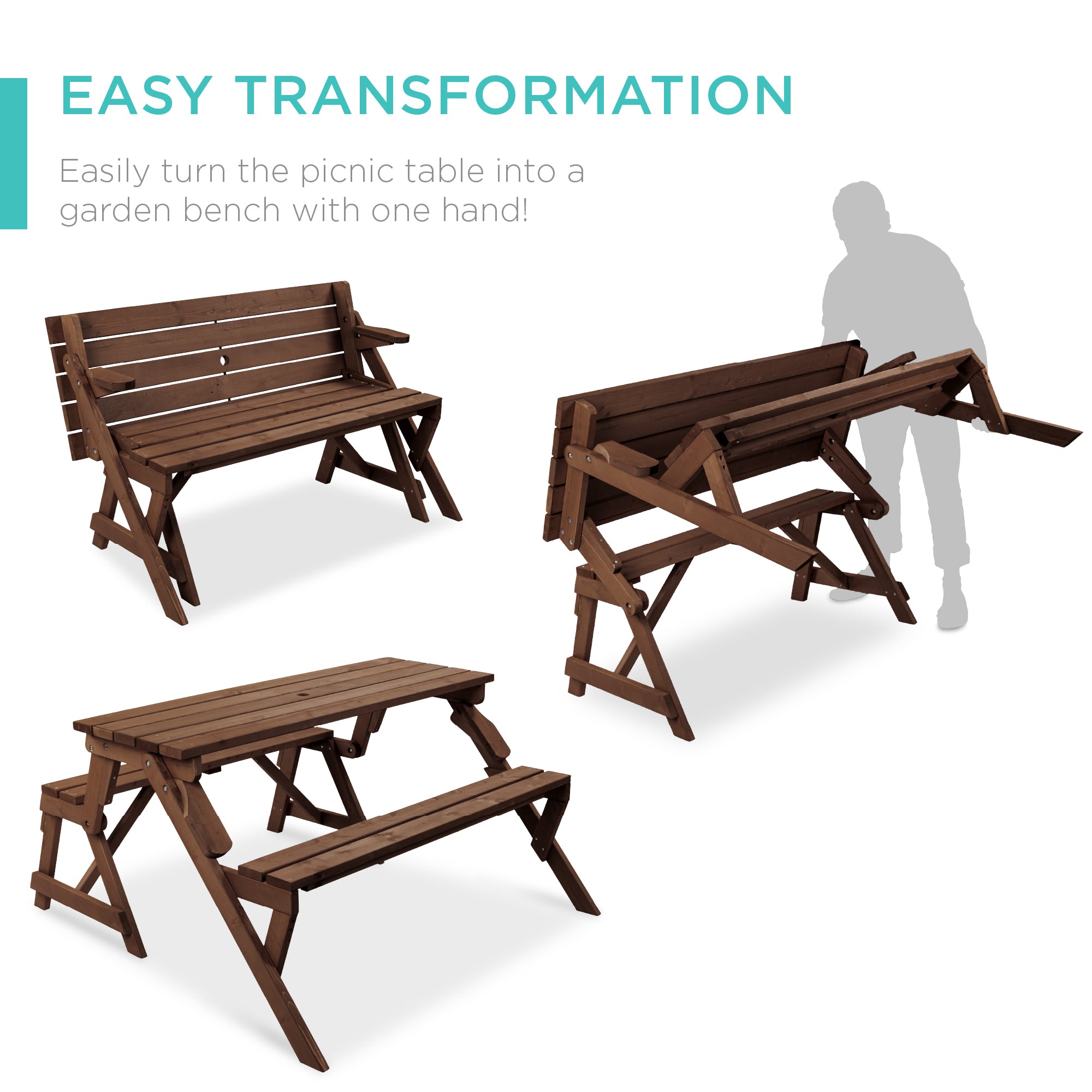 2-in-1 Outdoor Interchangeable Wooden Picnic Table/Garden Bench
