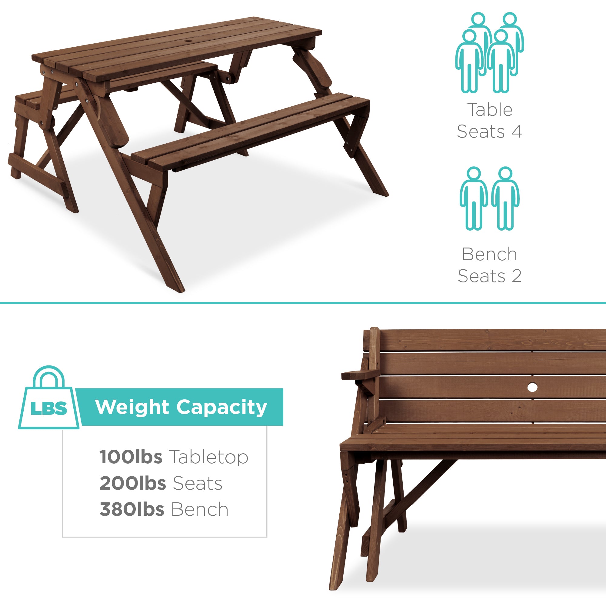 2-in-1 Outdoor Interchangeable Wooden Picnic Table/Garden Bench