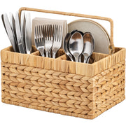 Utensil Caddy w/Handle - 4 Compartments, Woven Wicker Flatware Organizer