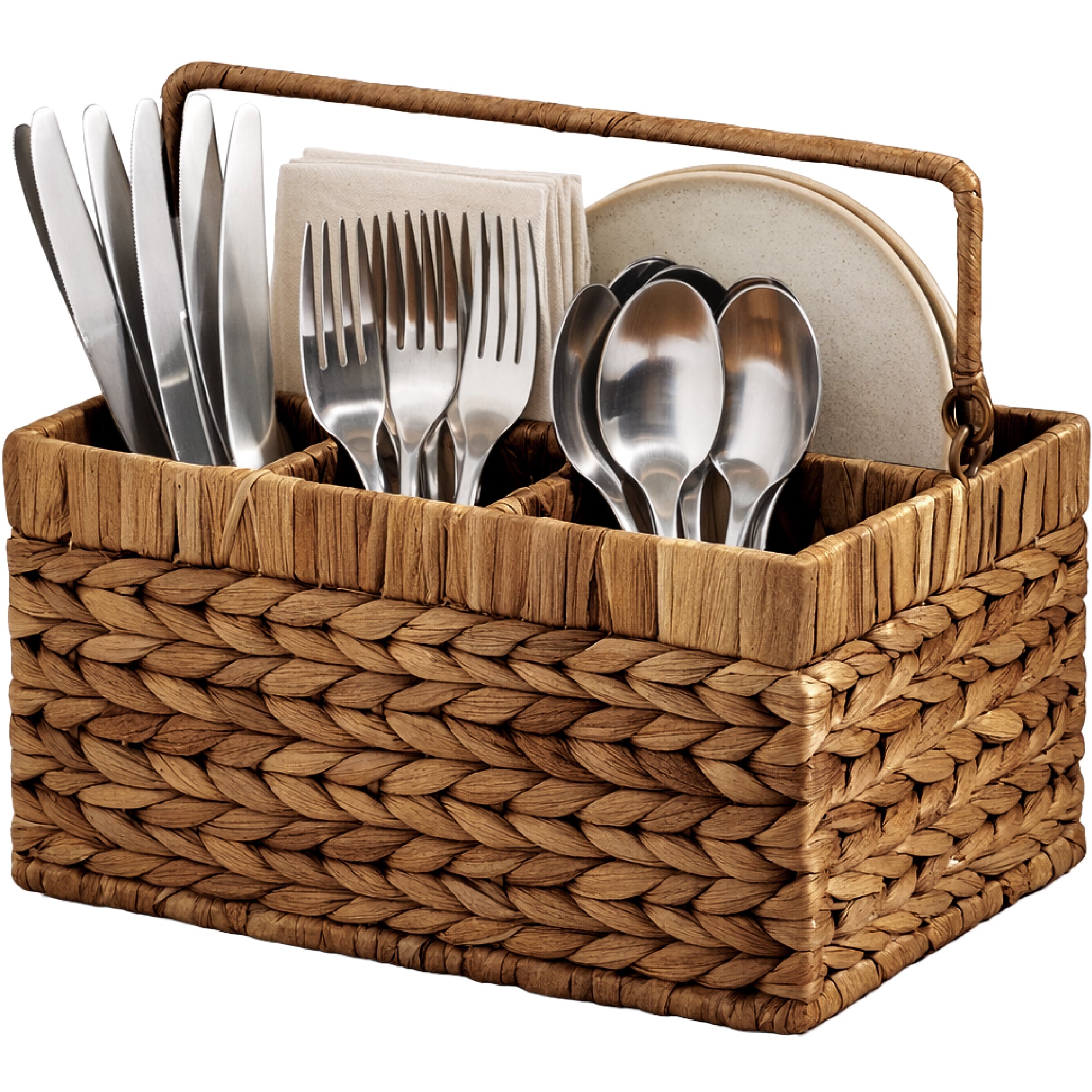 Utensil Caddy w/Handle - 4 Compartments, Woven Wicker Flatware Organizer