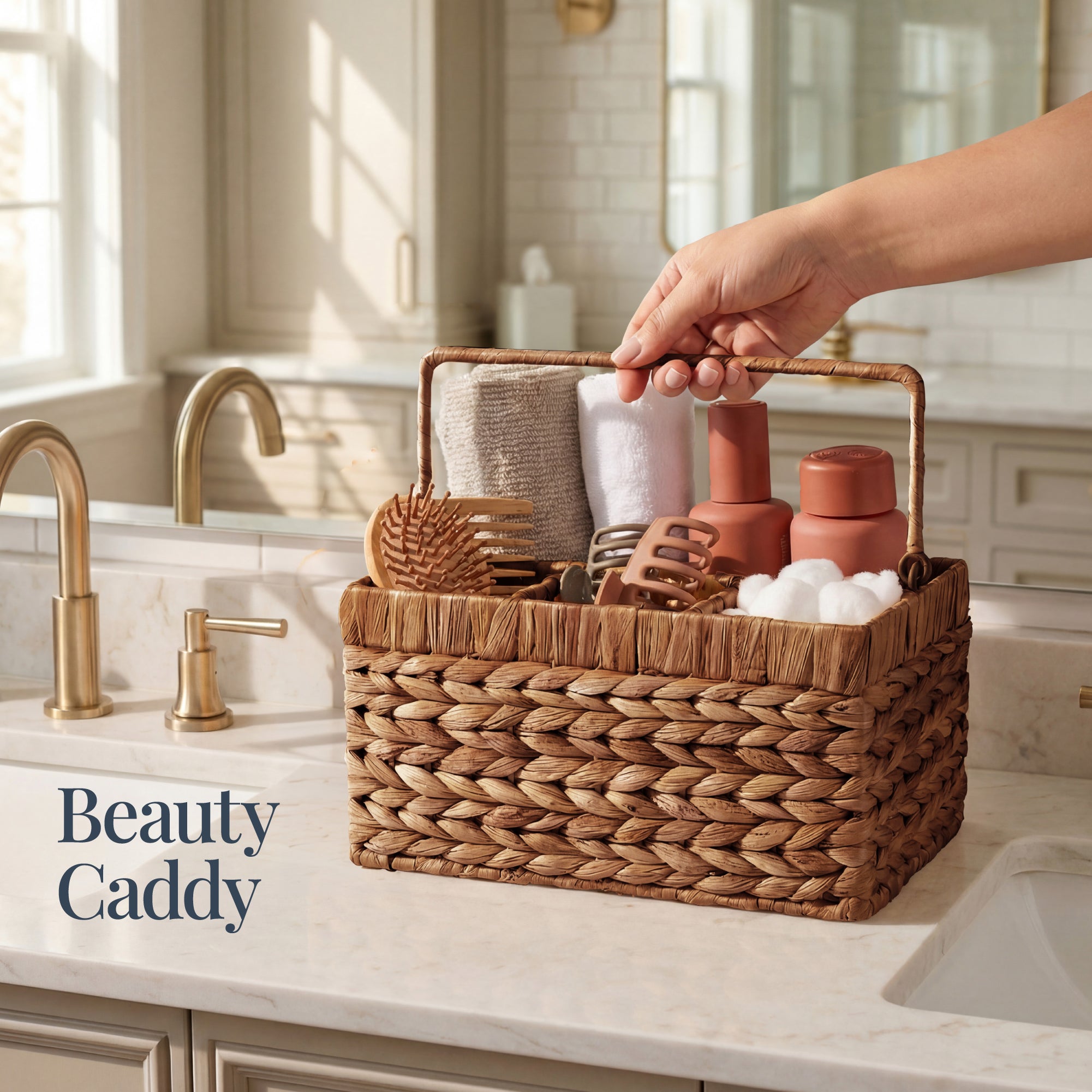 Utensil Caddy w/Handle - 4 Compartments, Woven Wicker Flatware Organizer