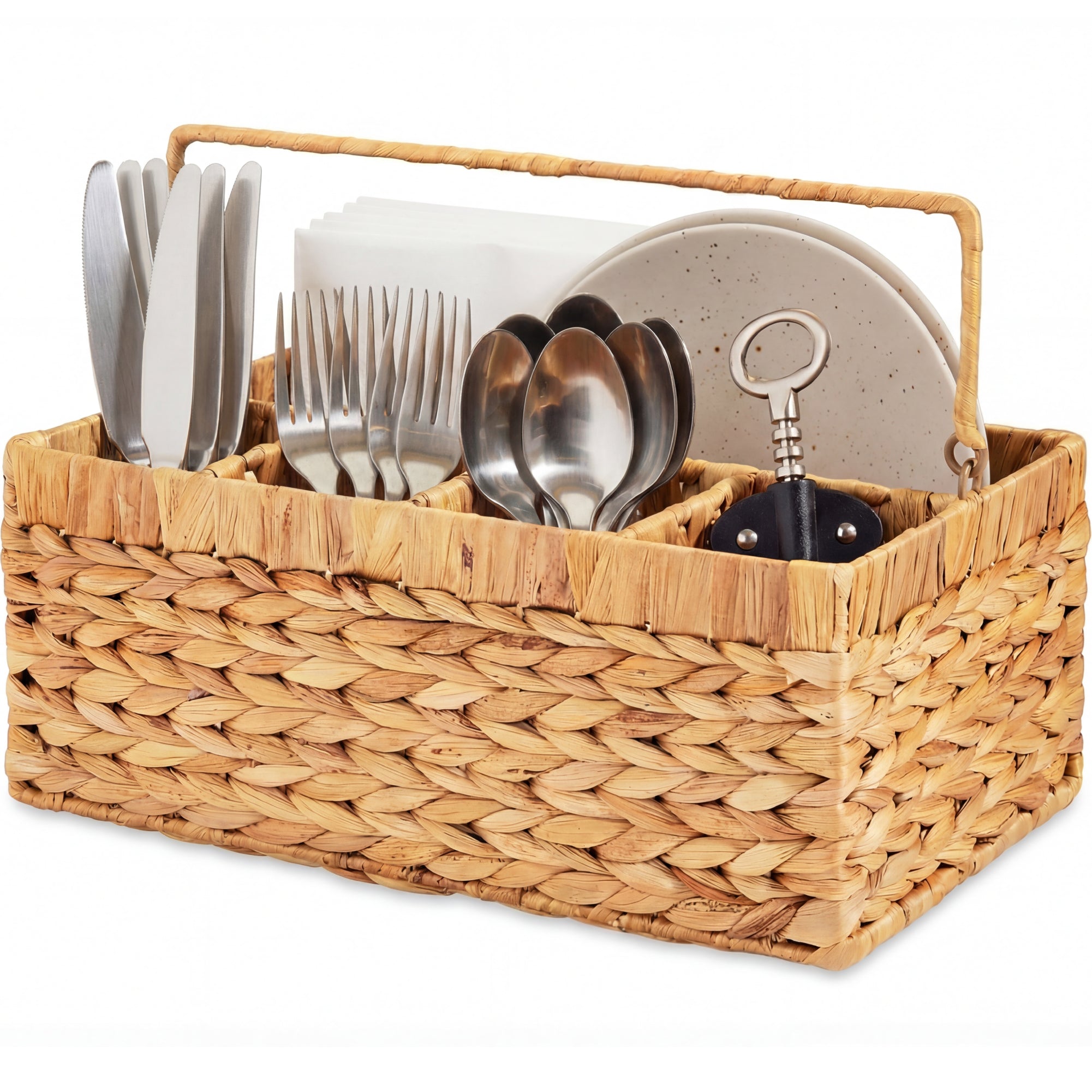 Utensil Caddy w/Handle - 5 Compartments, Woven Wicker Flatware Organizer