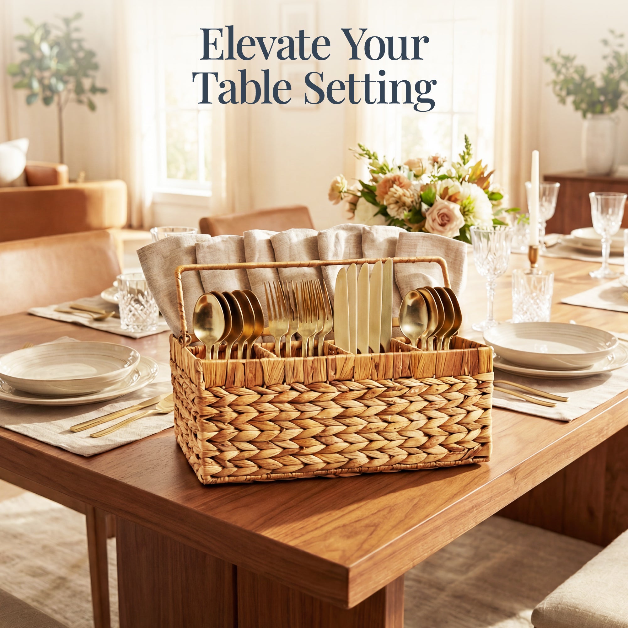 Utensil Caddy w/Handle - 5 Compartments, Woven Wicker Flatware Organizer