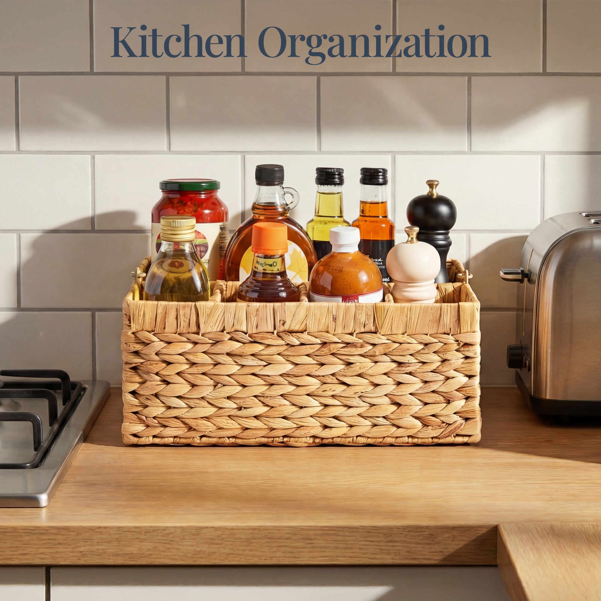 Utensil Caddy w/Handle - 5 Compartments, Woven Wicker Flatware Organizer