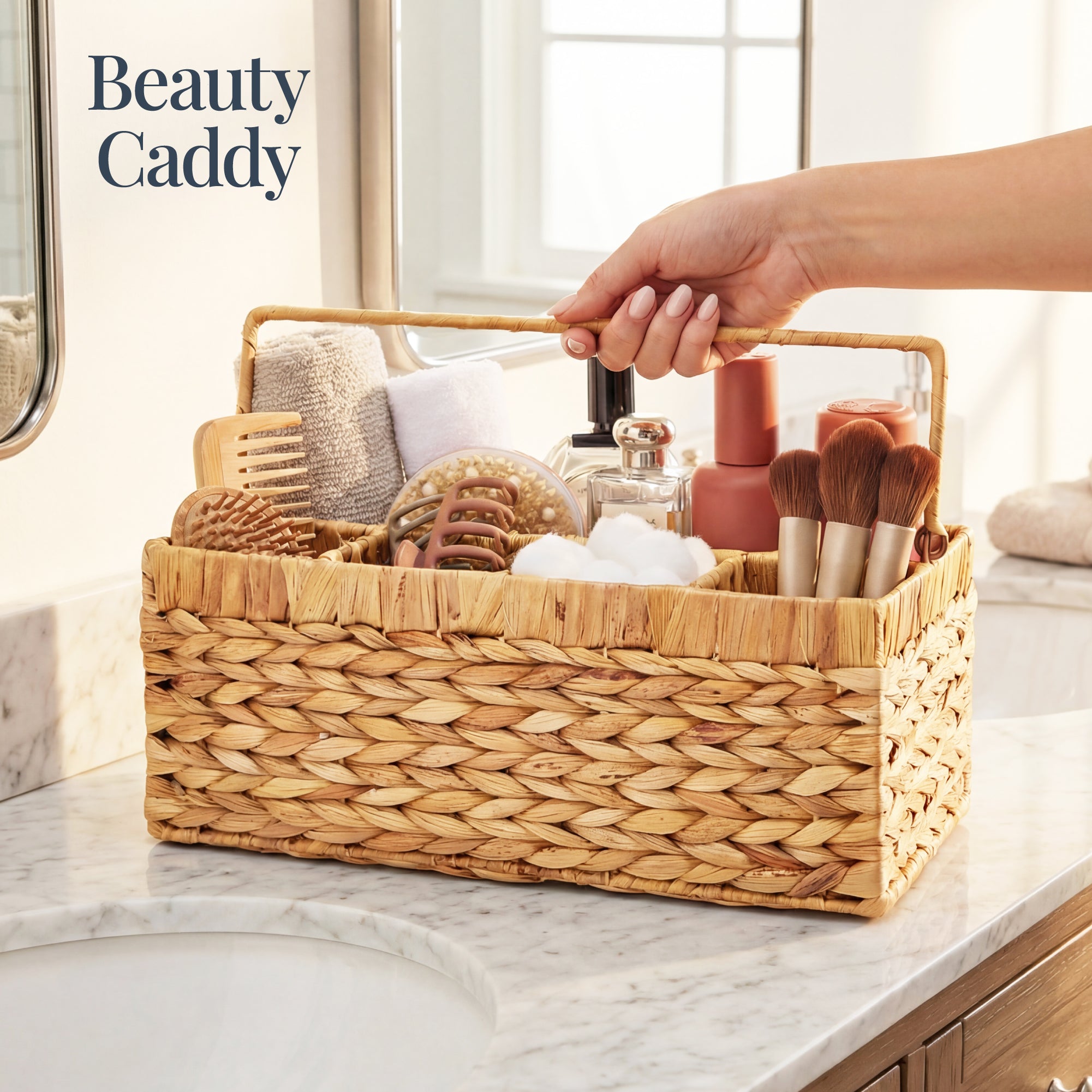 Utensil Caddy w/Handle - 5 Compartments, Woven Wicker Flatware Organizer