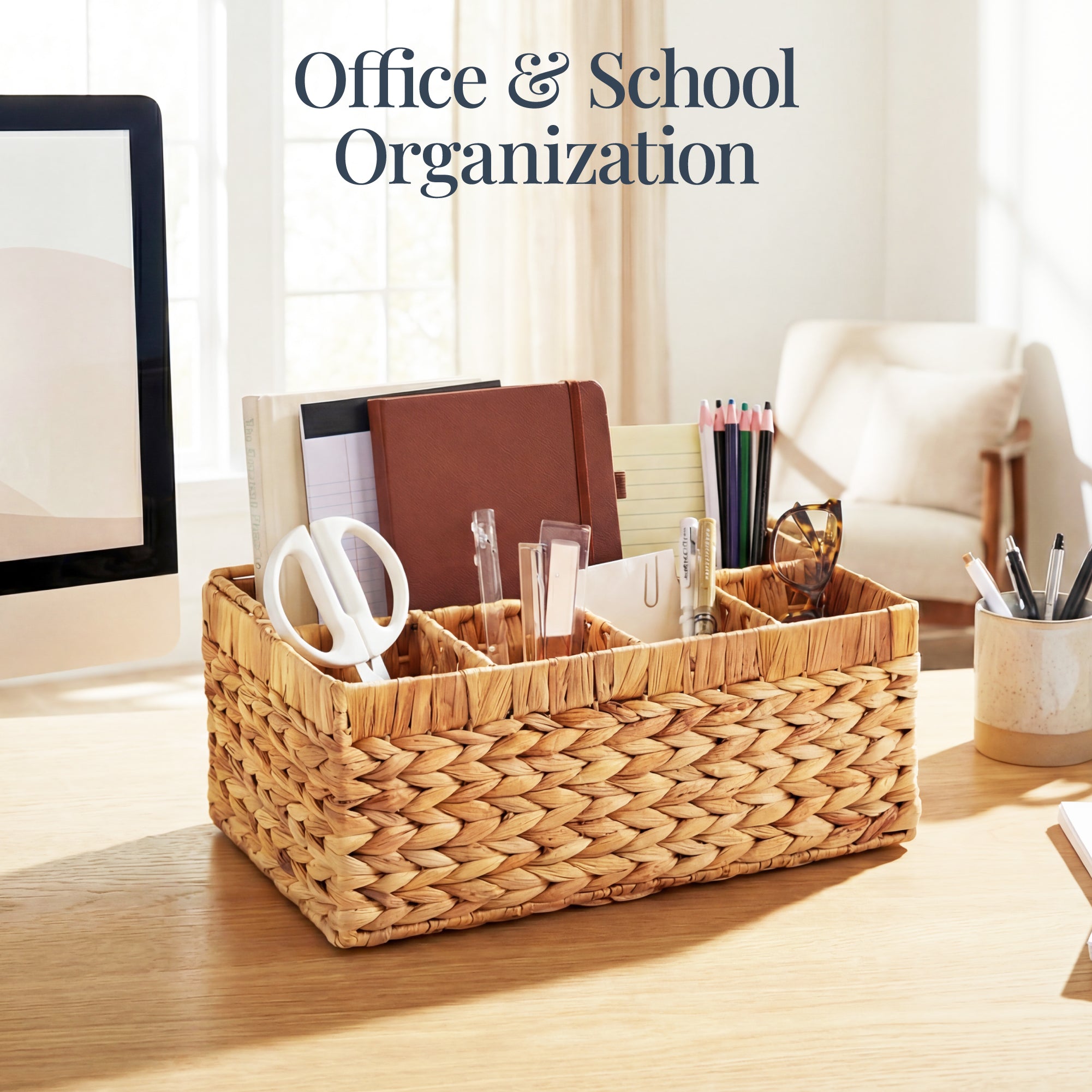 Utensil Caddy w/Handle - 5 Compartments, Woven Wicker Flatware Organizer