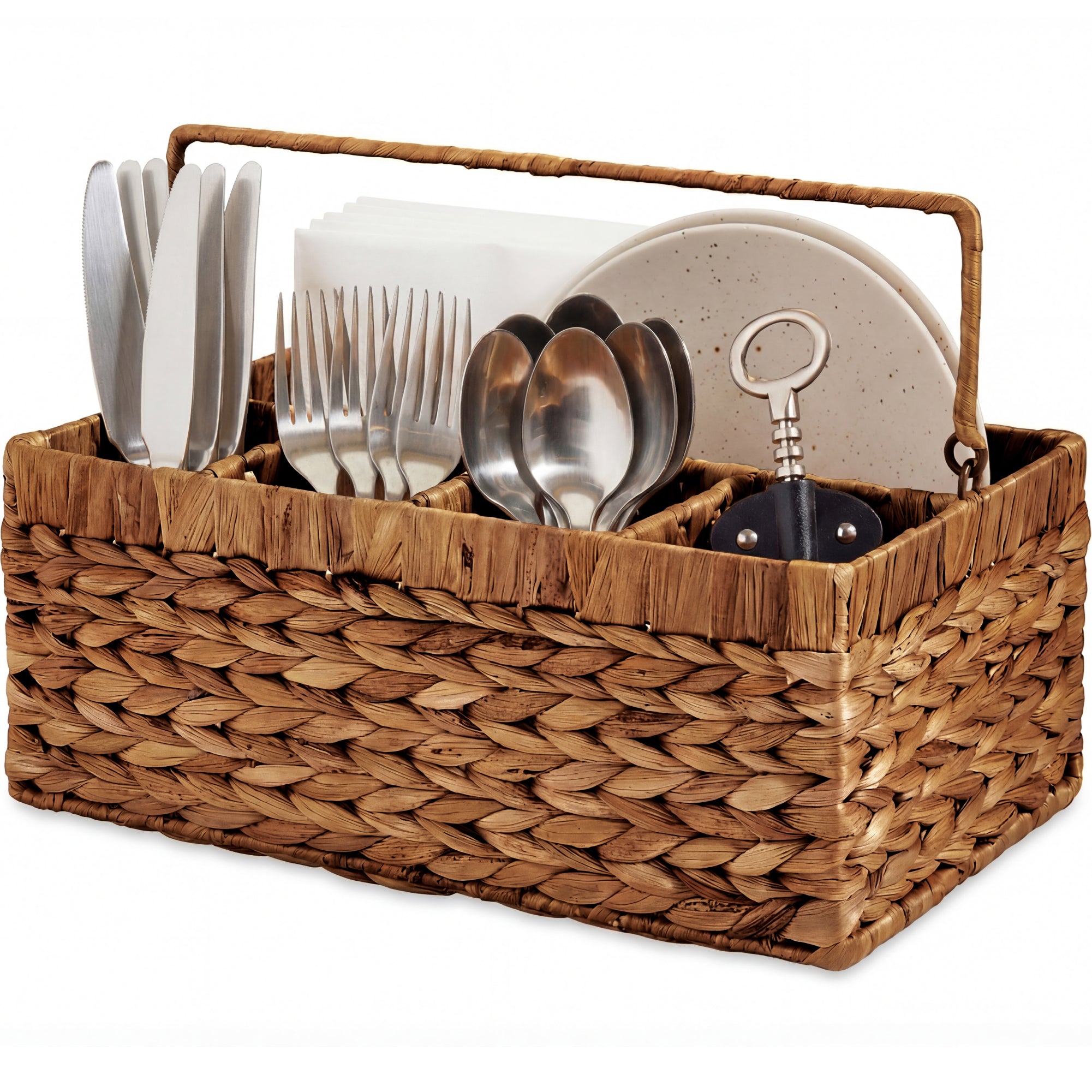 Utensil Caddy w/Handle - 5 Compartments, Woven Wicker Flatware Organizer
